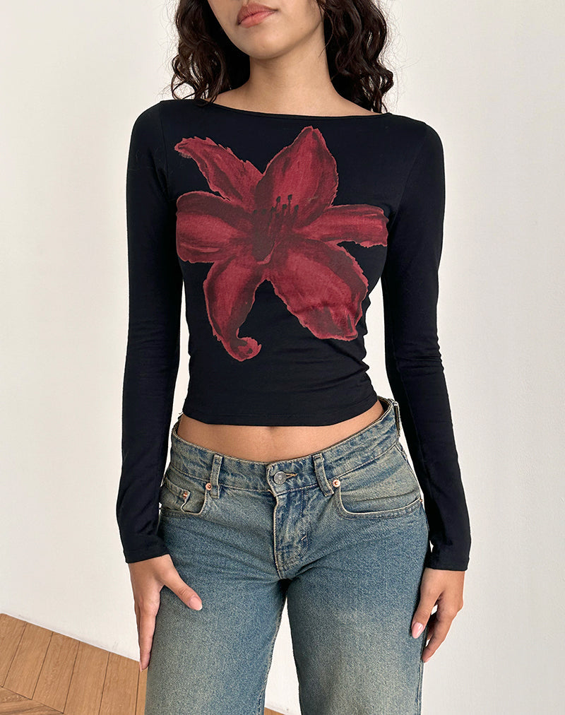 AMABON TOP BLACK PAINTED FLOWER BURGUNDY