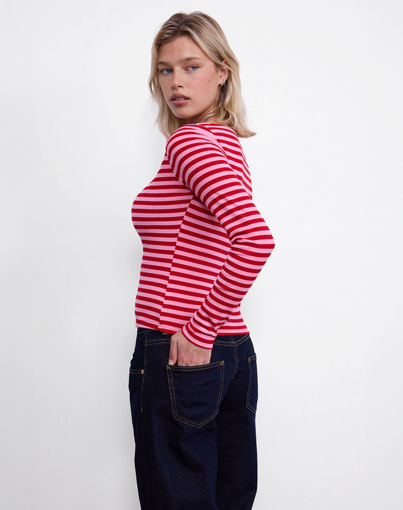 Amabon Top in Pink and Red Stripe
