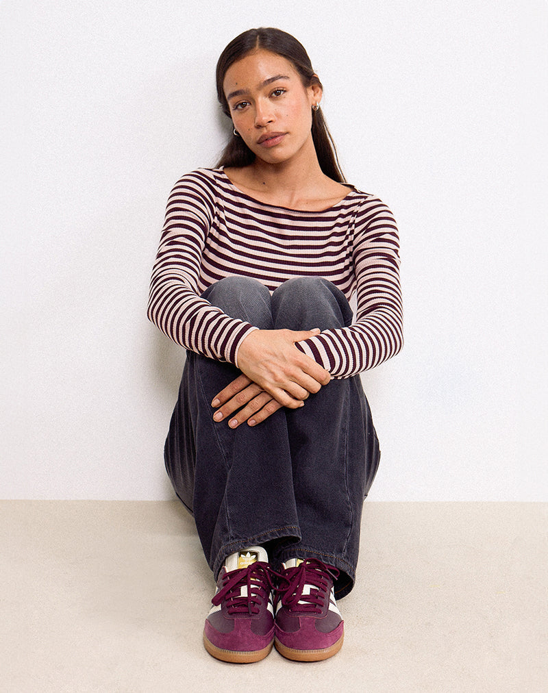 Amabon Long Sleeve Top in Tonal Brown Stripe