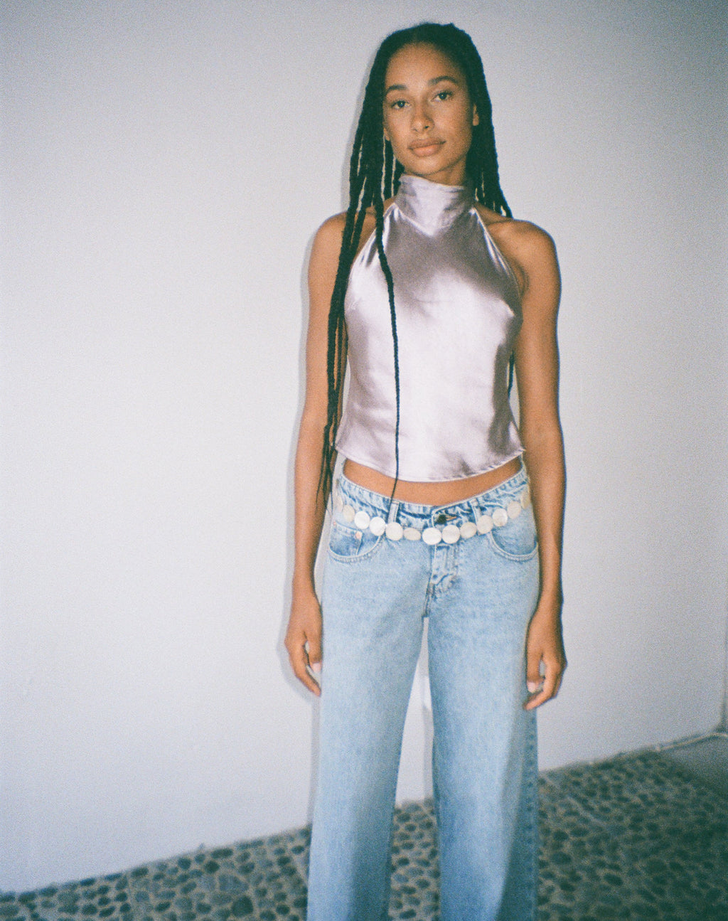 MOTEL X JACQUIE Ataina Halterneck Top in Satin Silver