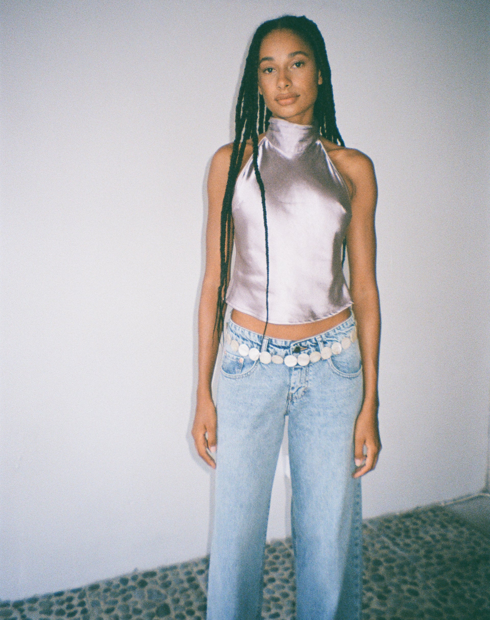 MOTEL X JACQUIE Ataina Halterneck Top in Satin Silver