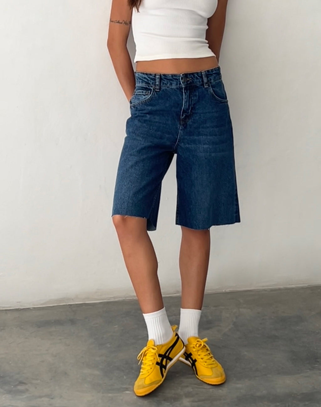 Roomy Mid Rise Long Jorts in Mid Blue Used