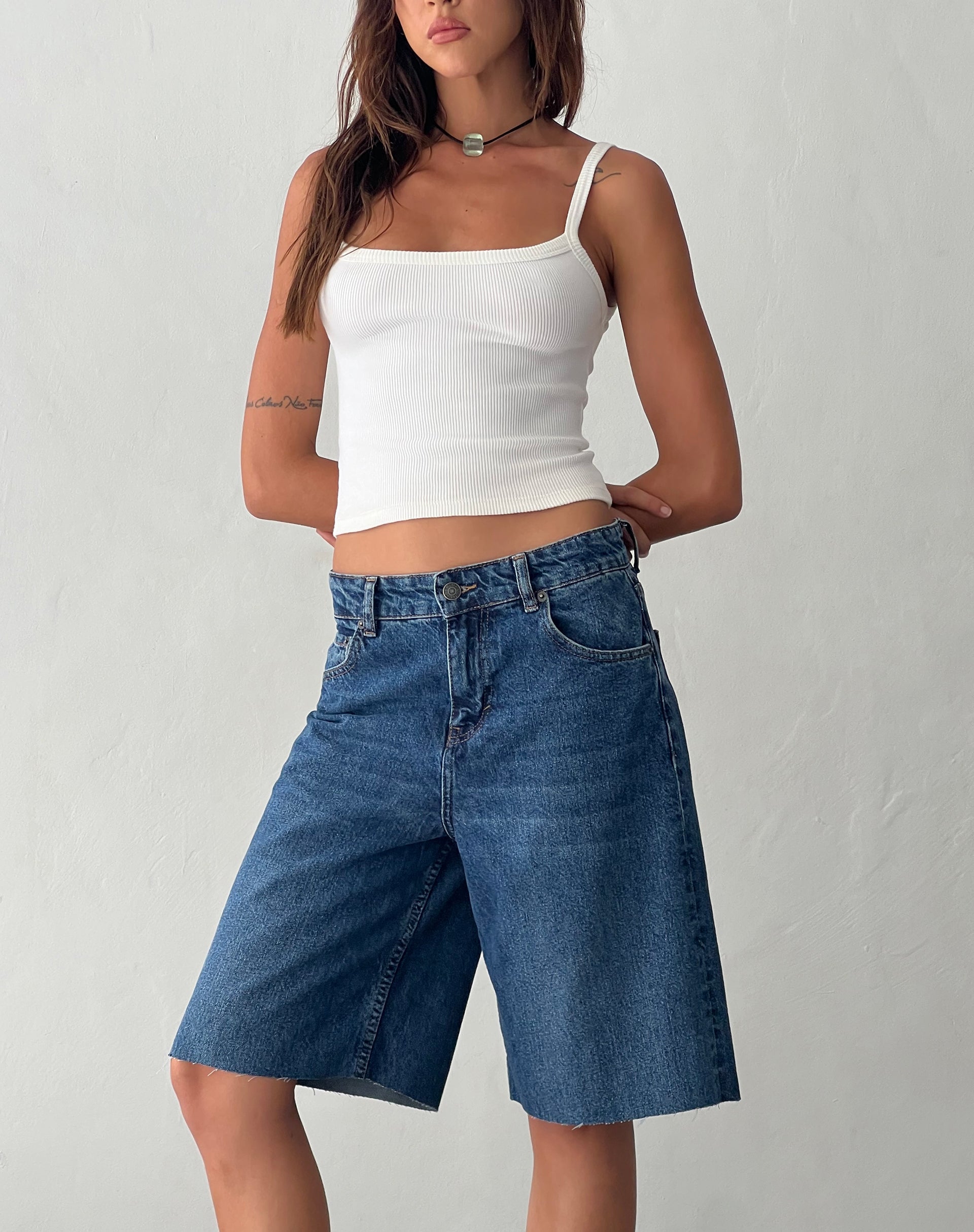 Roomy Mid Rise Long Jorts in Mid Blue Used