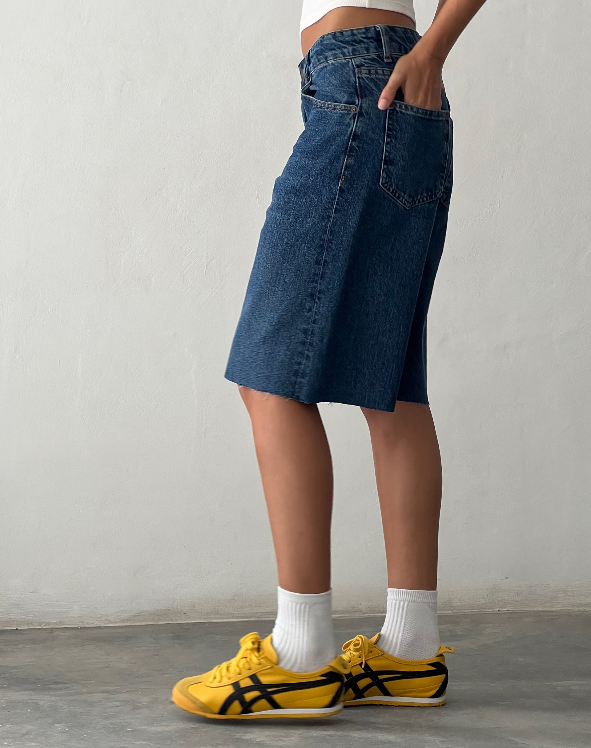 Roomy Mid Rise Long Jorts in Mid Blue Used