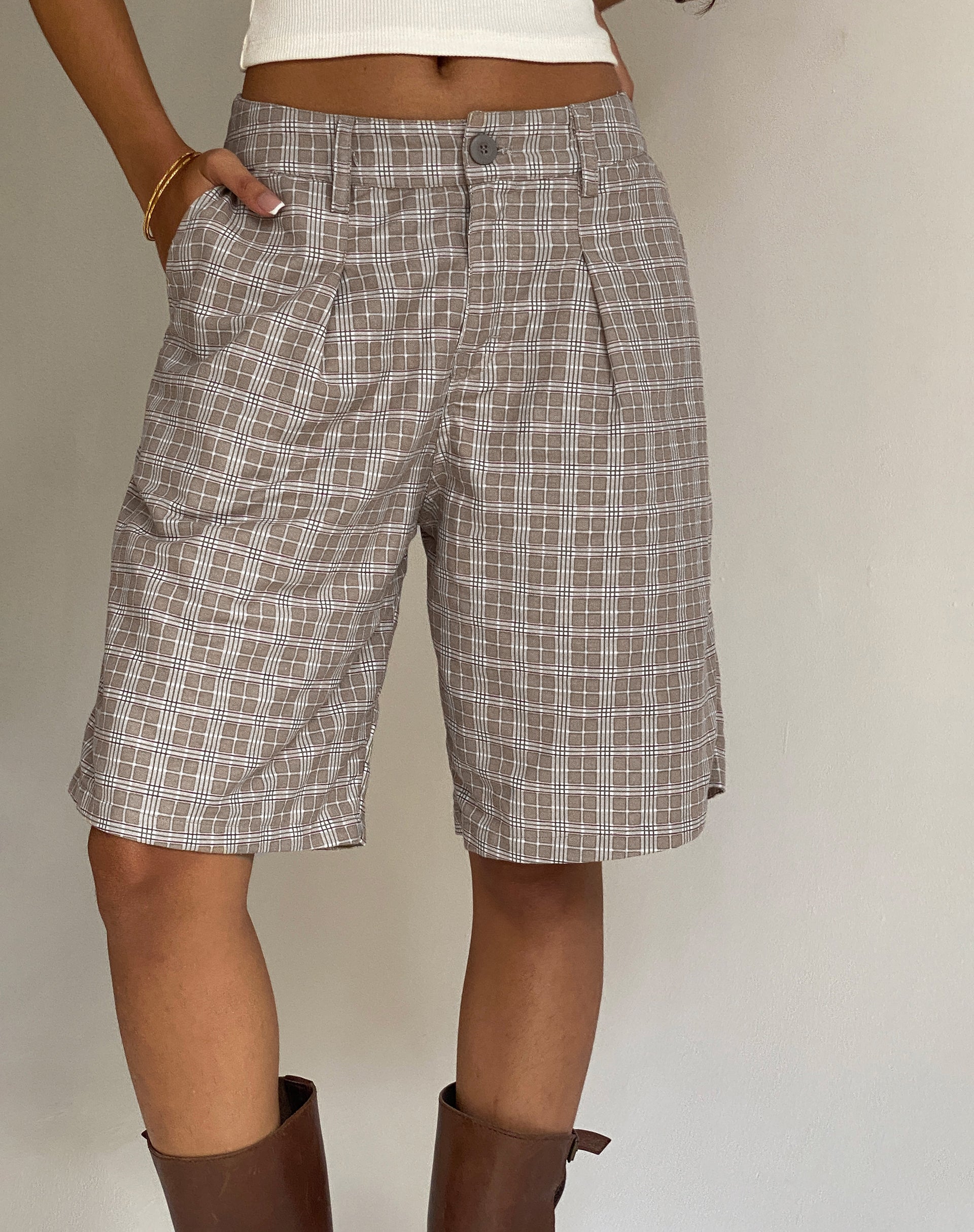 Gail Longline Shorts in Taupe Check