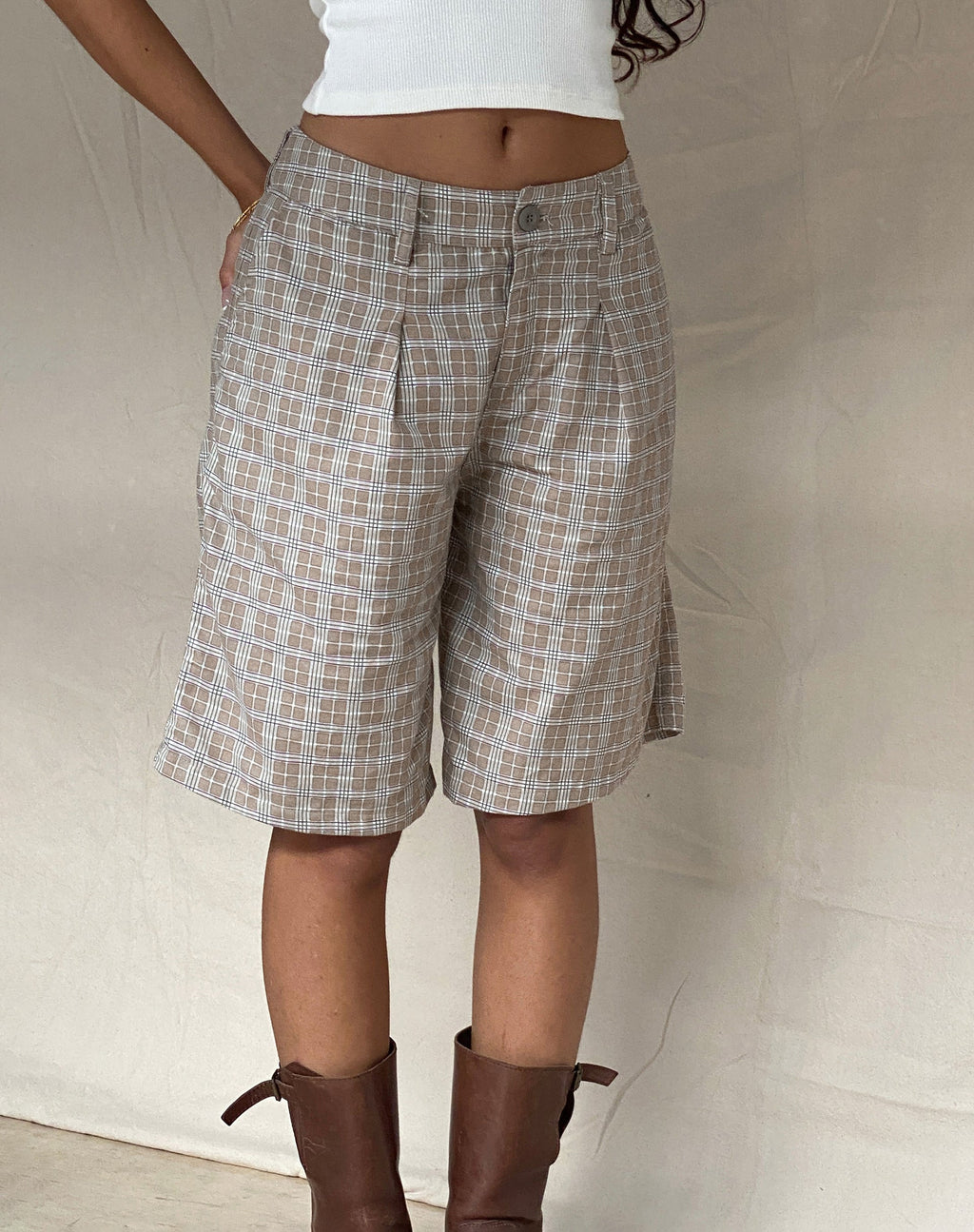 Gail Longline Shorts in Taupe Check