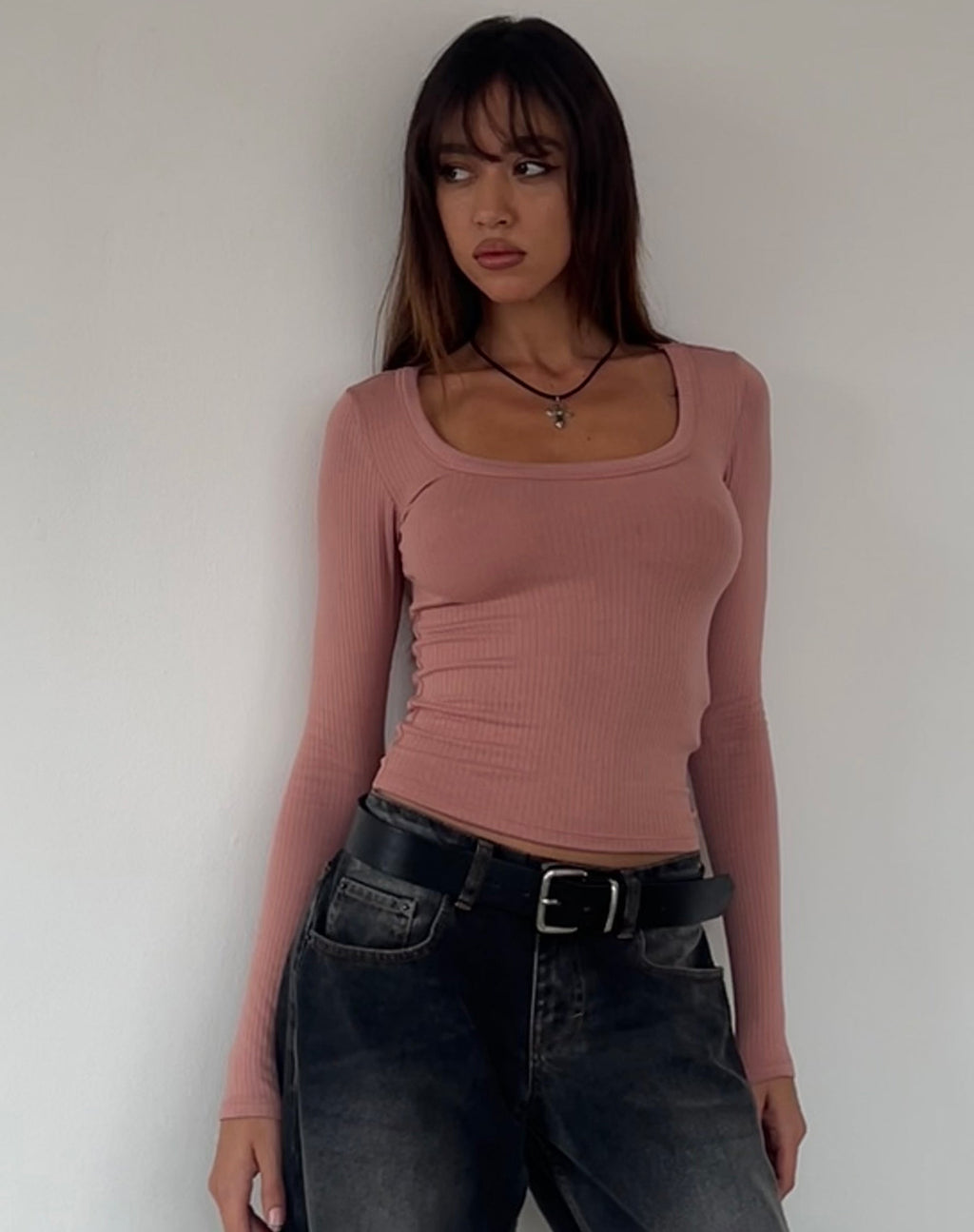 Binlo Extra Long Sleeve Top in Dusty Pink Rib