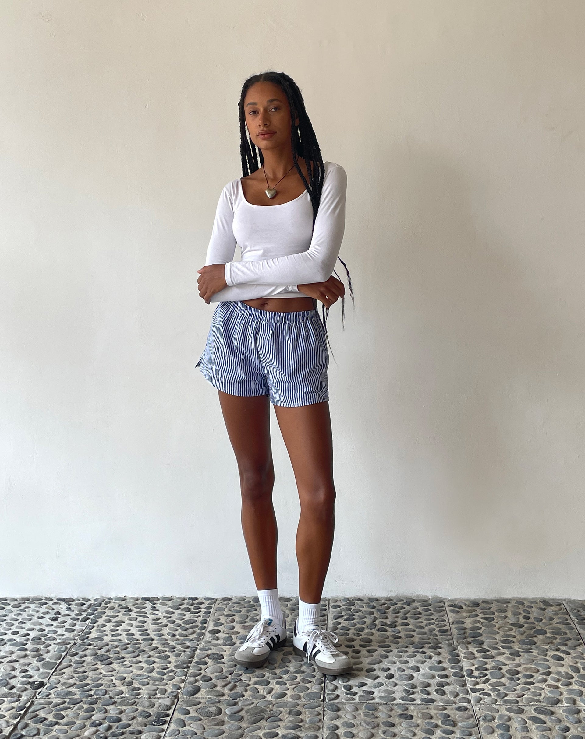 MOTEL X JACQUIE Laboxe Brief Shorts in Poplin Blue Pinstripe