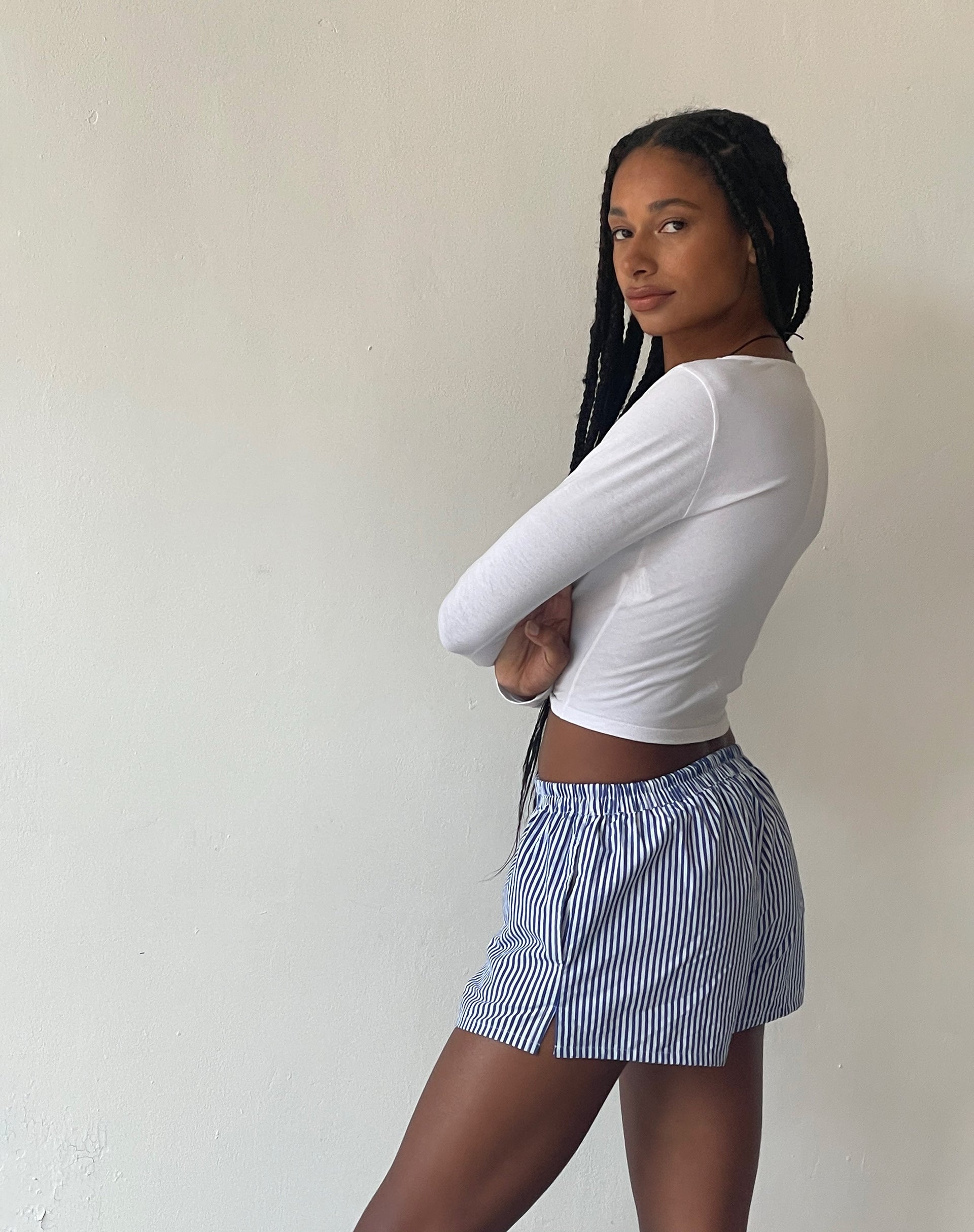 MOTEL X JACQUIE Laboxe Brief Shorts in Poplin Blue Pinstripe