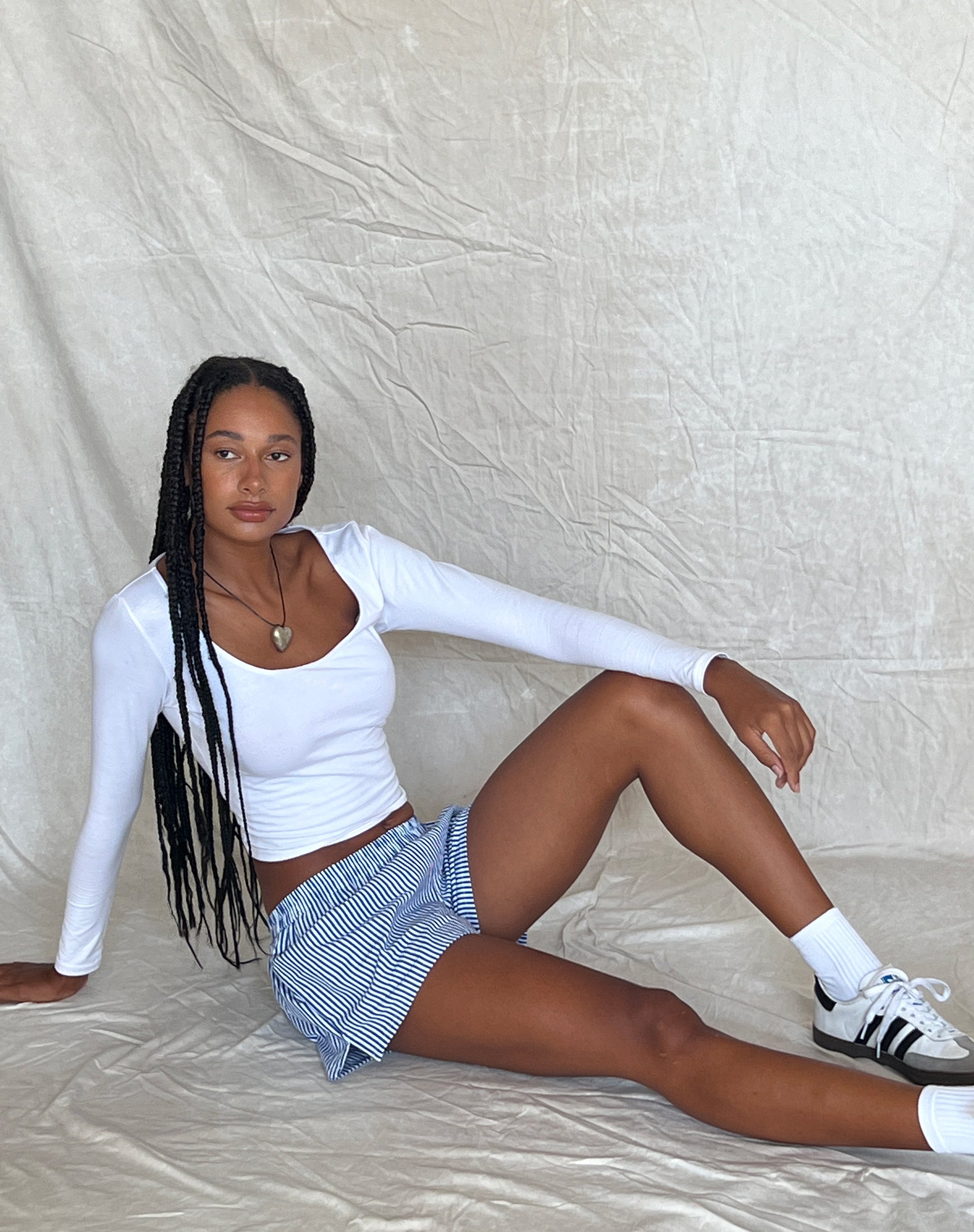 MOTEL X JACQUIE Laboxe Brief Shorts in Poplin Blue Pinstripe
