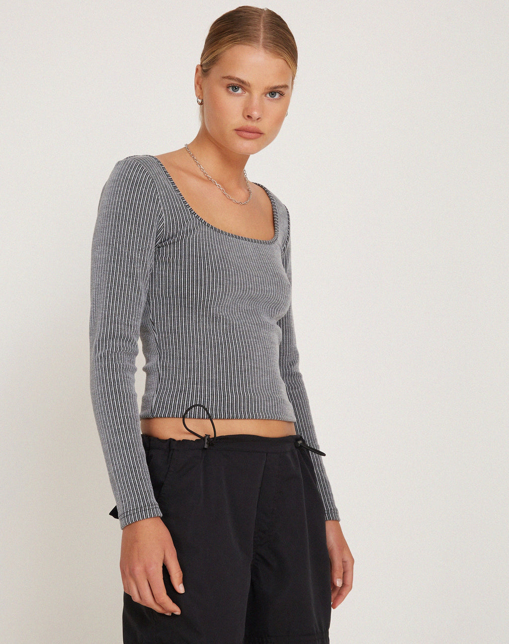 Bonlo Long Sleeve Top in Two Tone Rib Grey