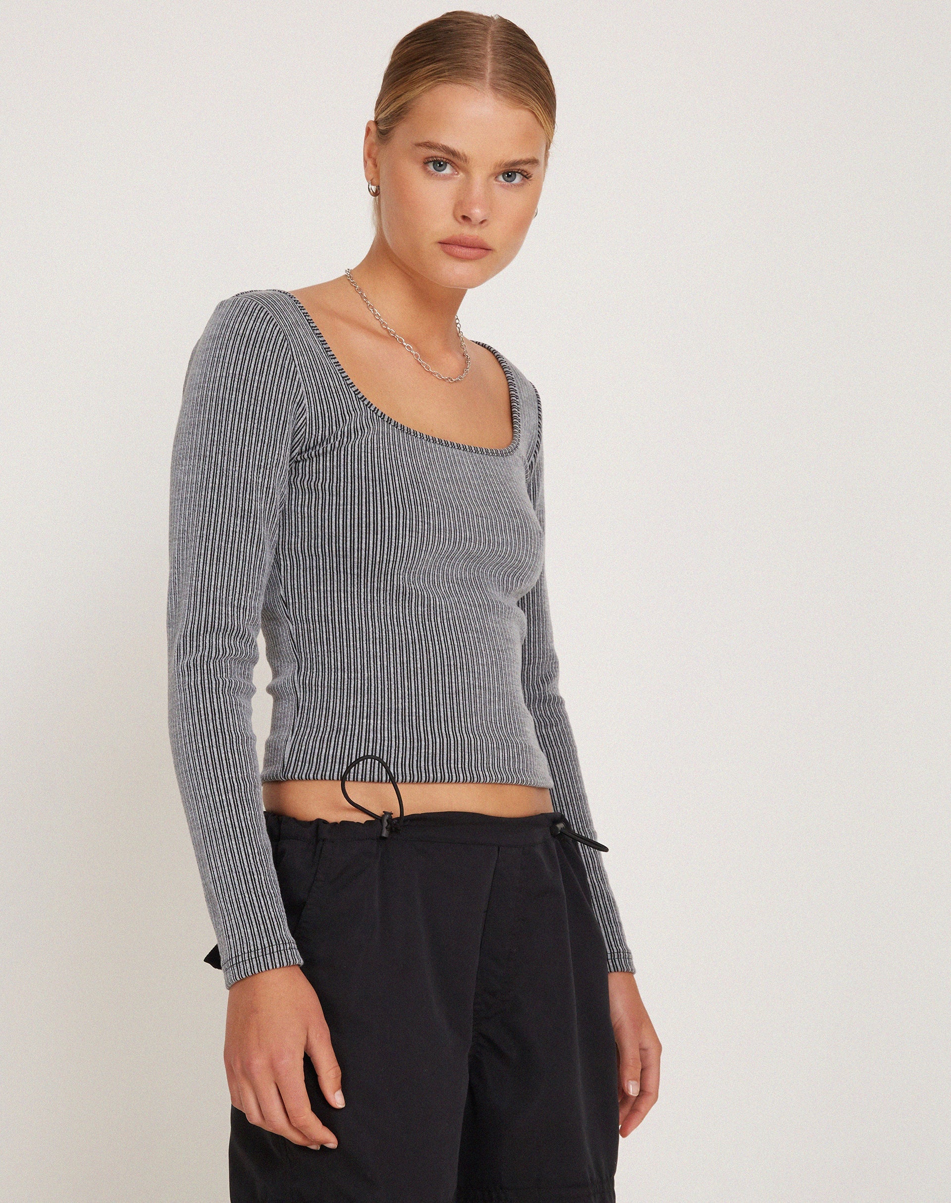 Bonlo Long Sleeve Top in Two Tone Rib Grey
