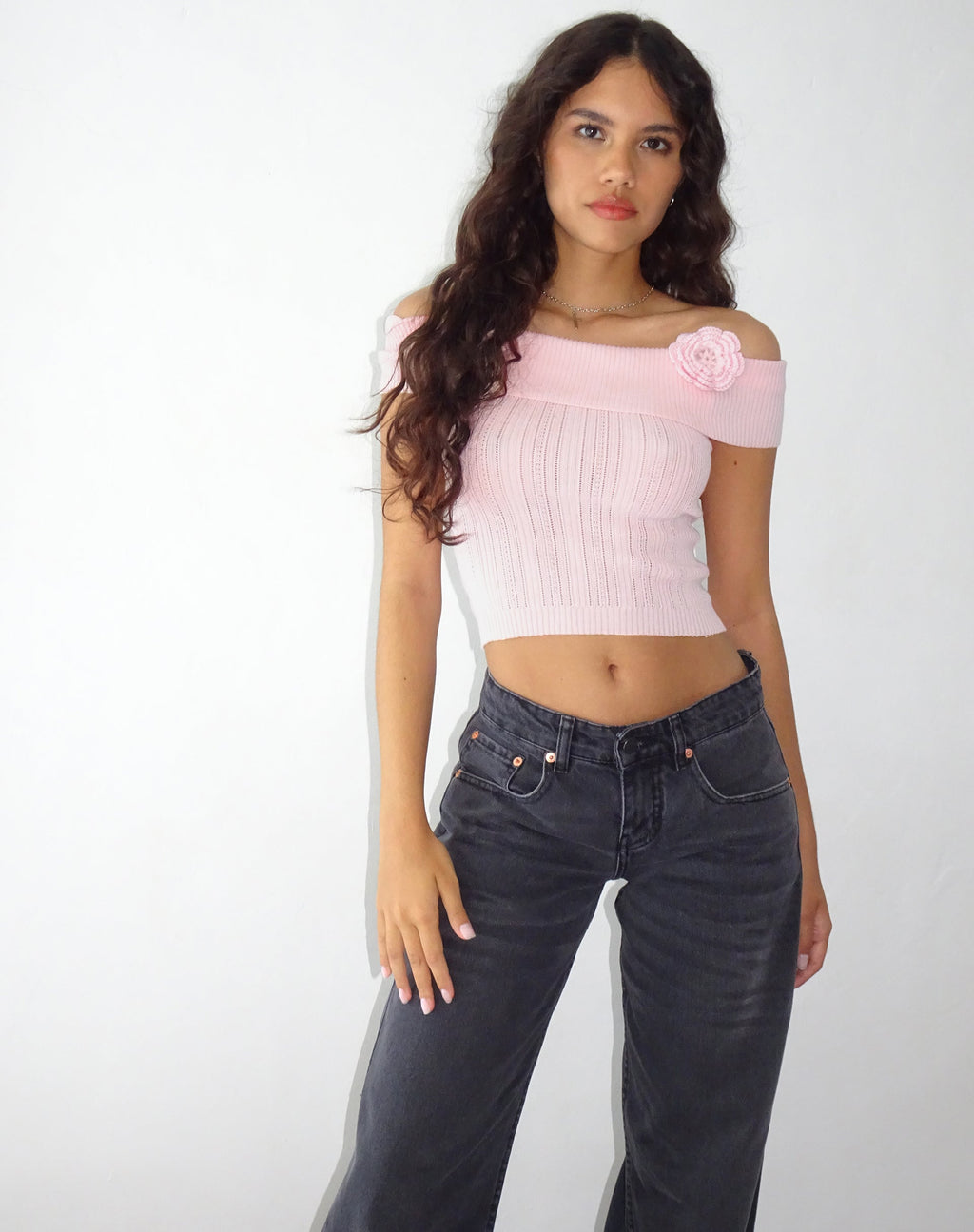 Brenda Knitted Bardot Top in Pink with Rosette