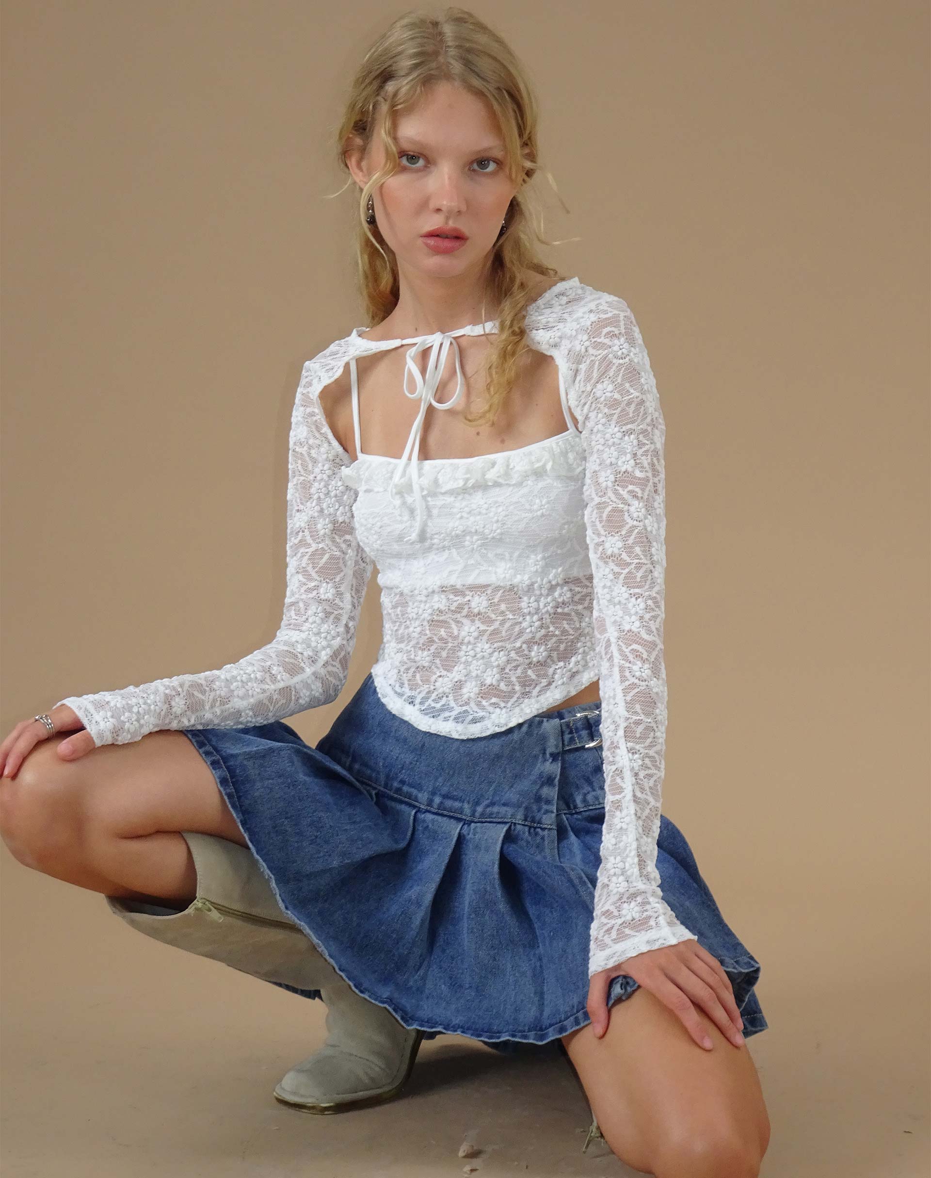 Carlina Long Sleeve Top in Lace Ivory