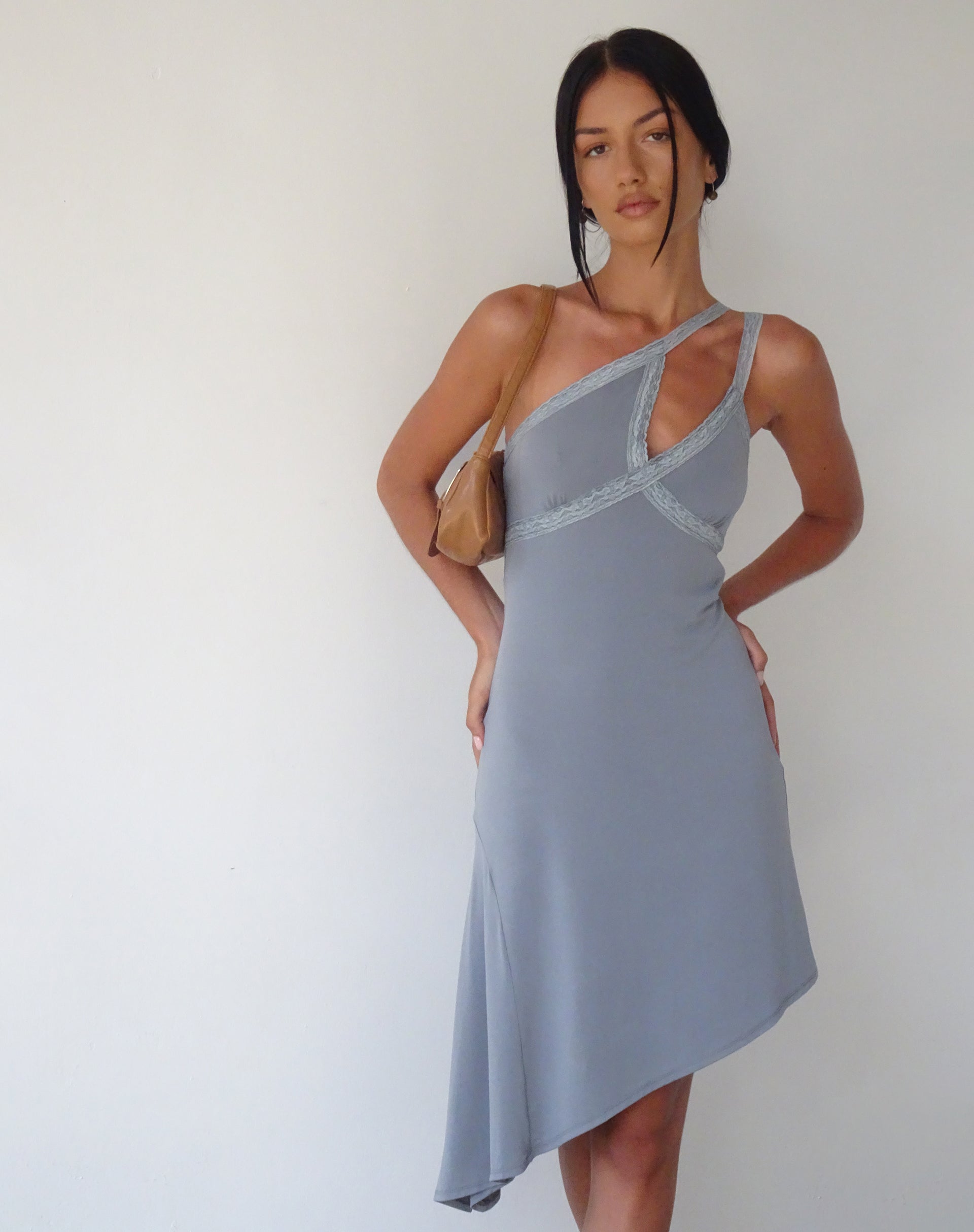 MOTEL X JACQUIE Chrissy Asymmetric Mini Dress in Slinky Grey