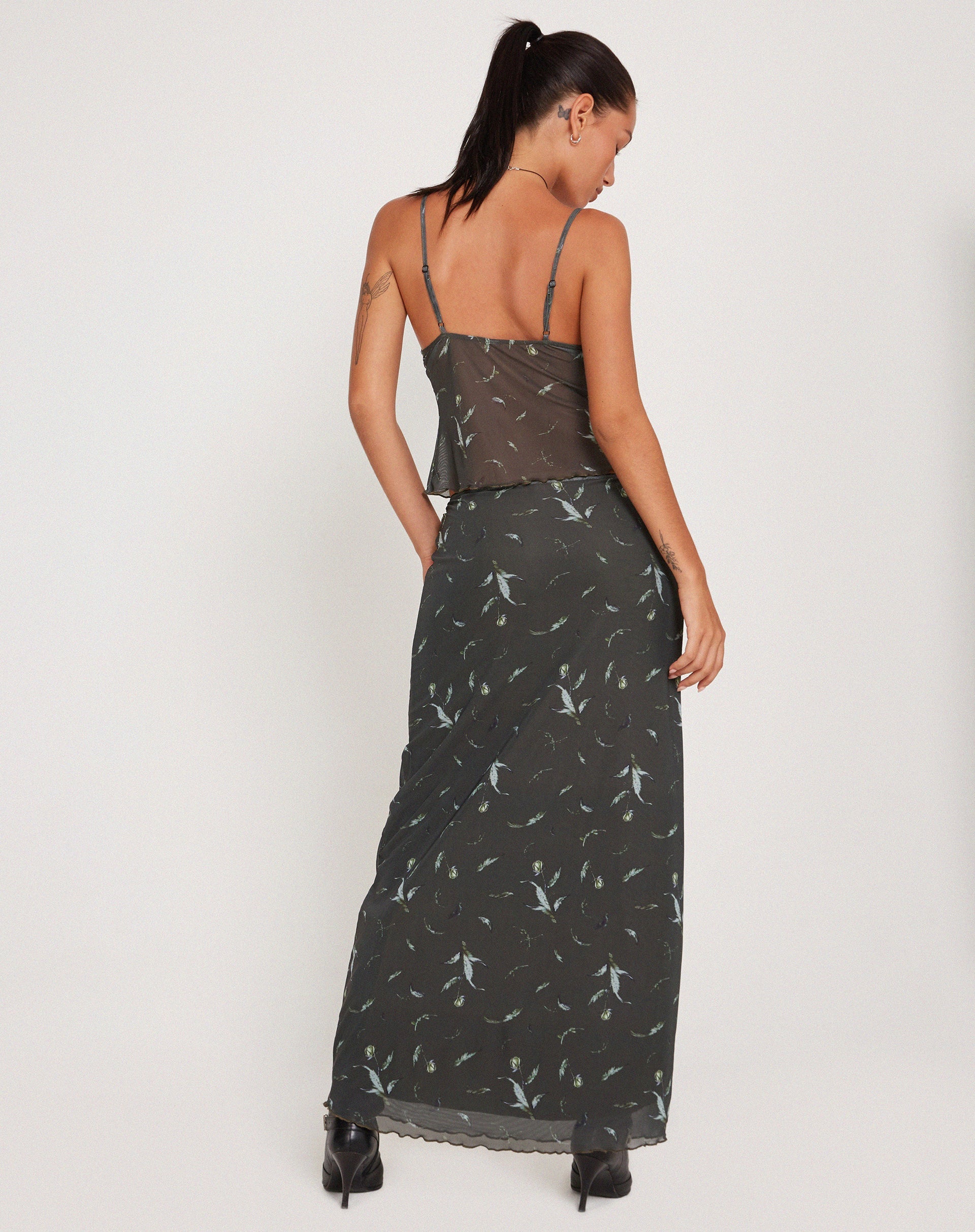 Trula Mesh Maxi Skirt in Floral Khaki Silhouette