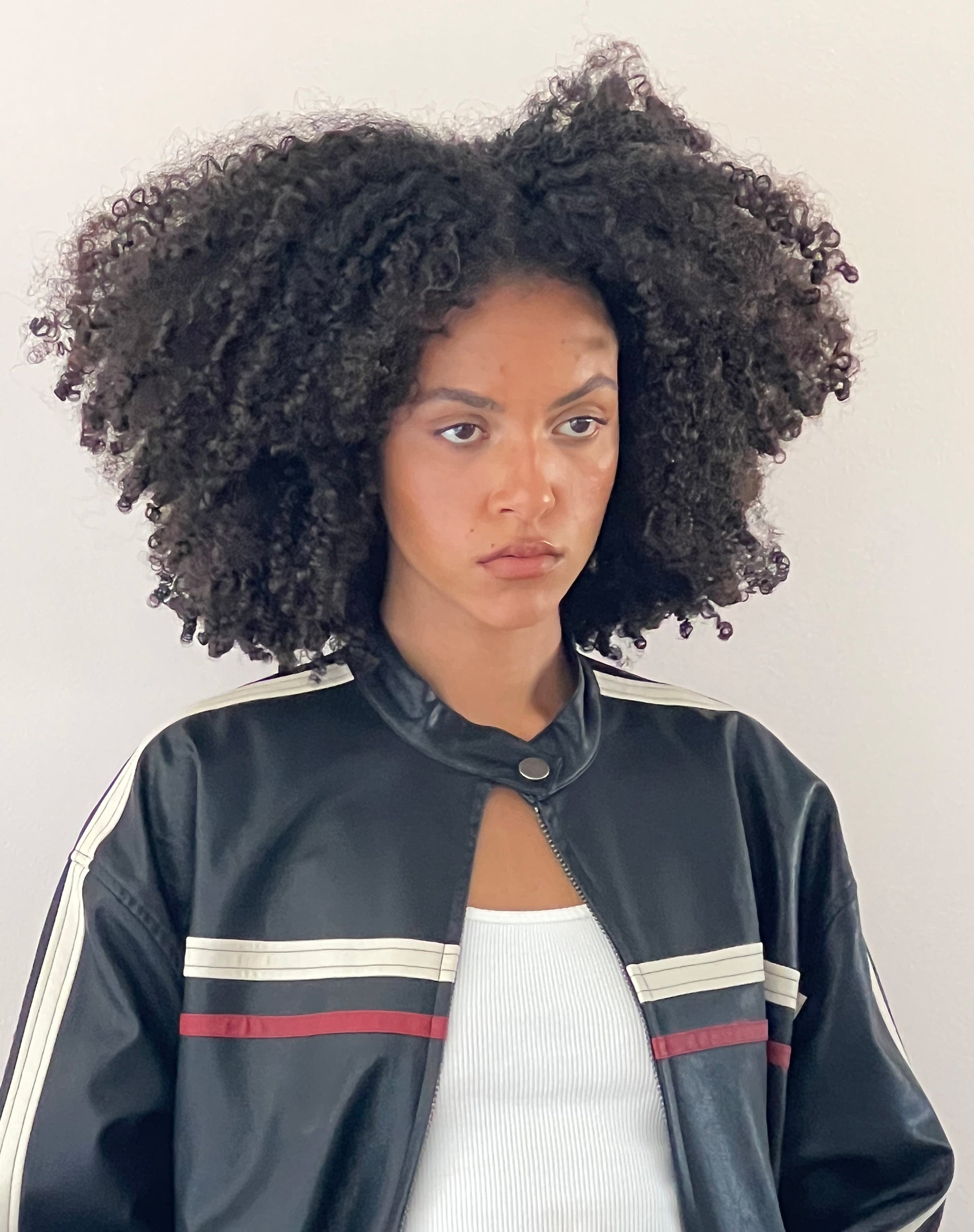 Colton Jacket in PU Black with Ivory and Red Stripe