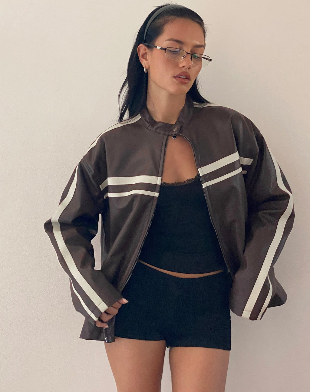 Colton Jacket in PU Chocolate with Ivory Stripe