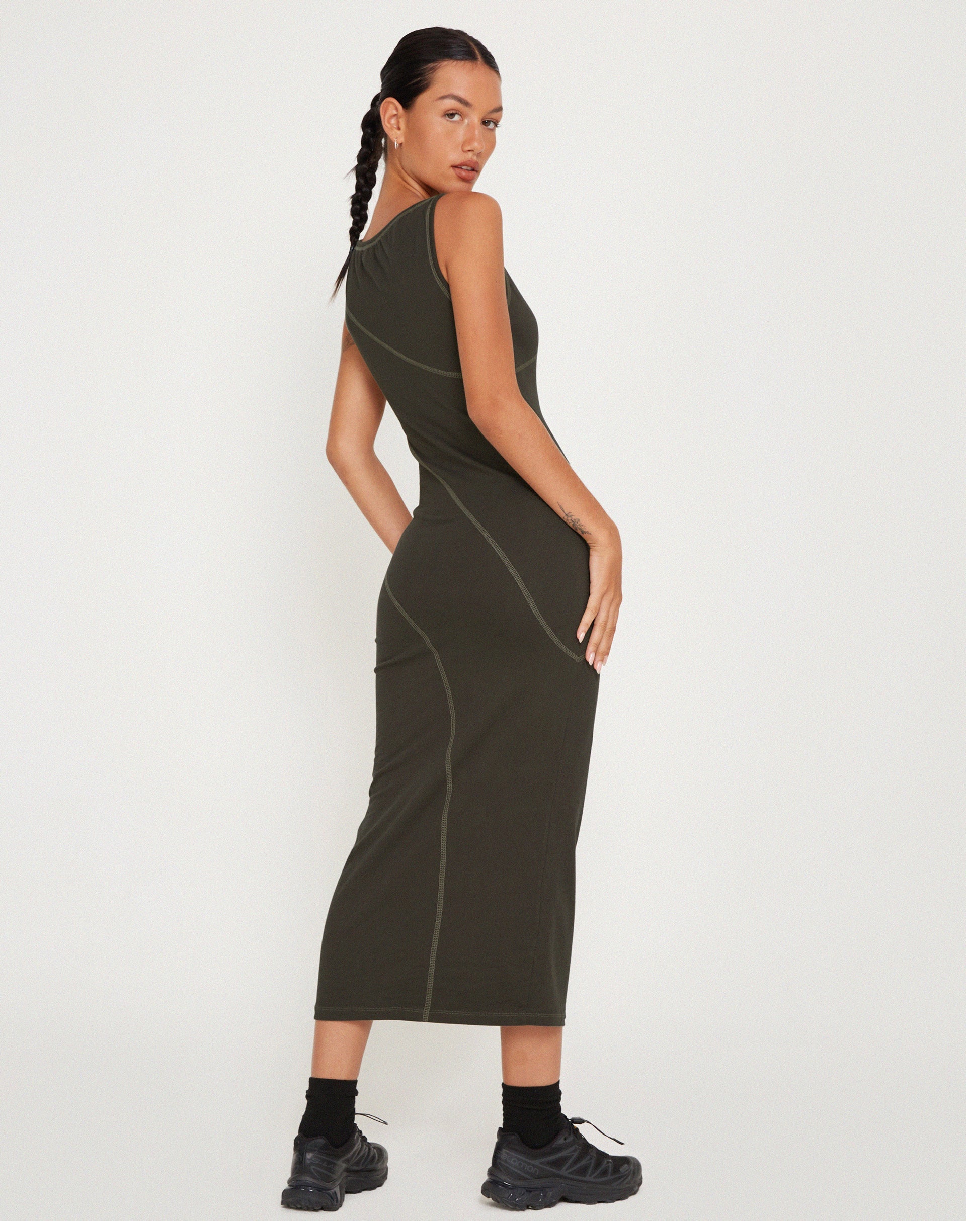 Driki Midi Dress in Gunmetal with Grey Top Stitch