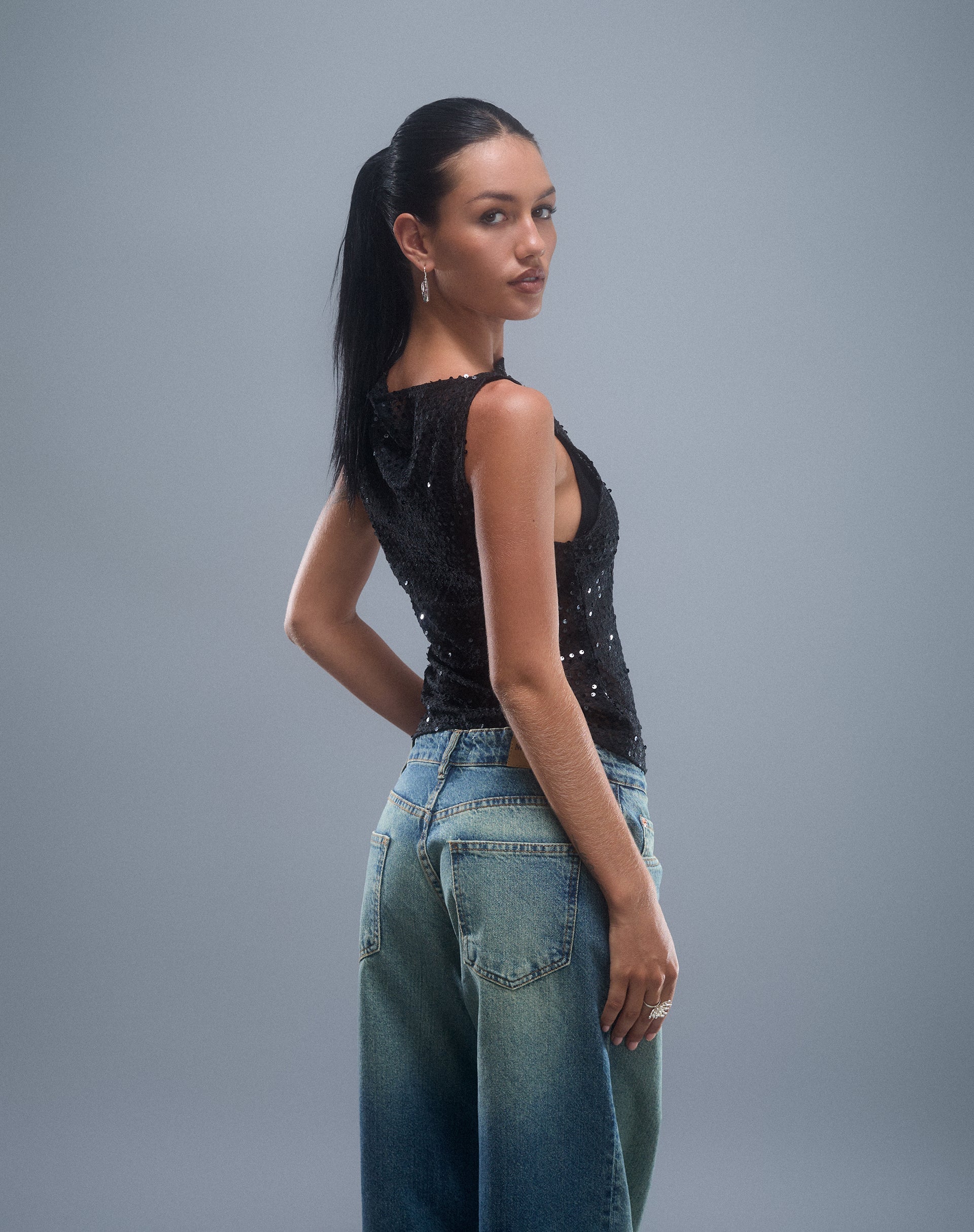 Dudley Vest Top in Sequin Knit Black