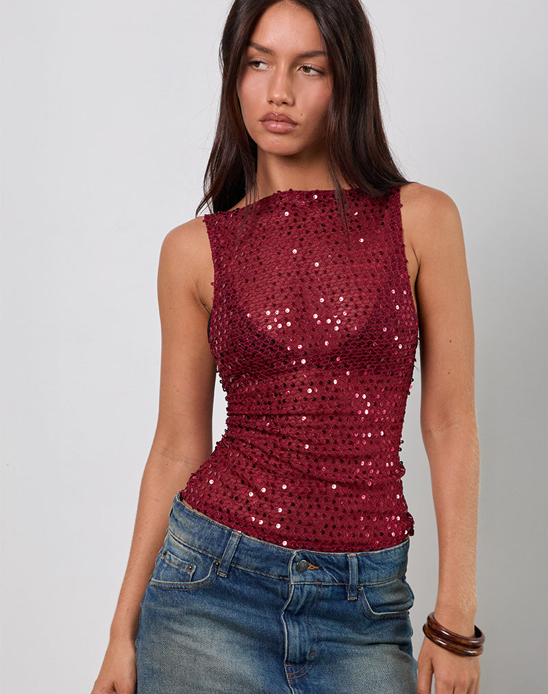 Dudley Vest Top in Sequin Knit Burgundy