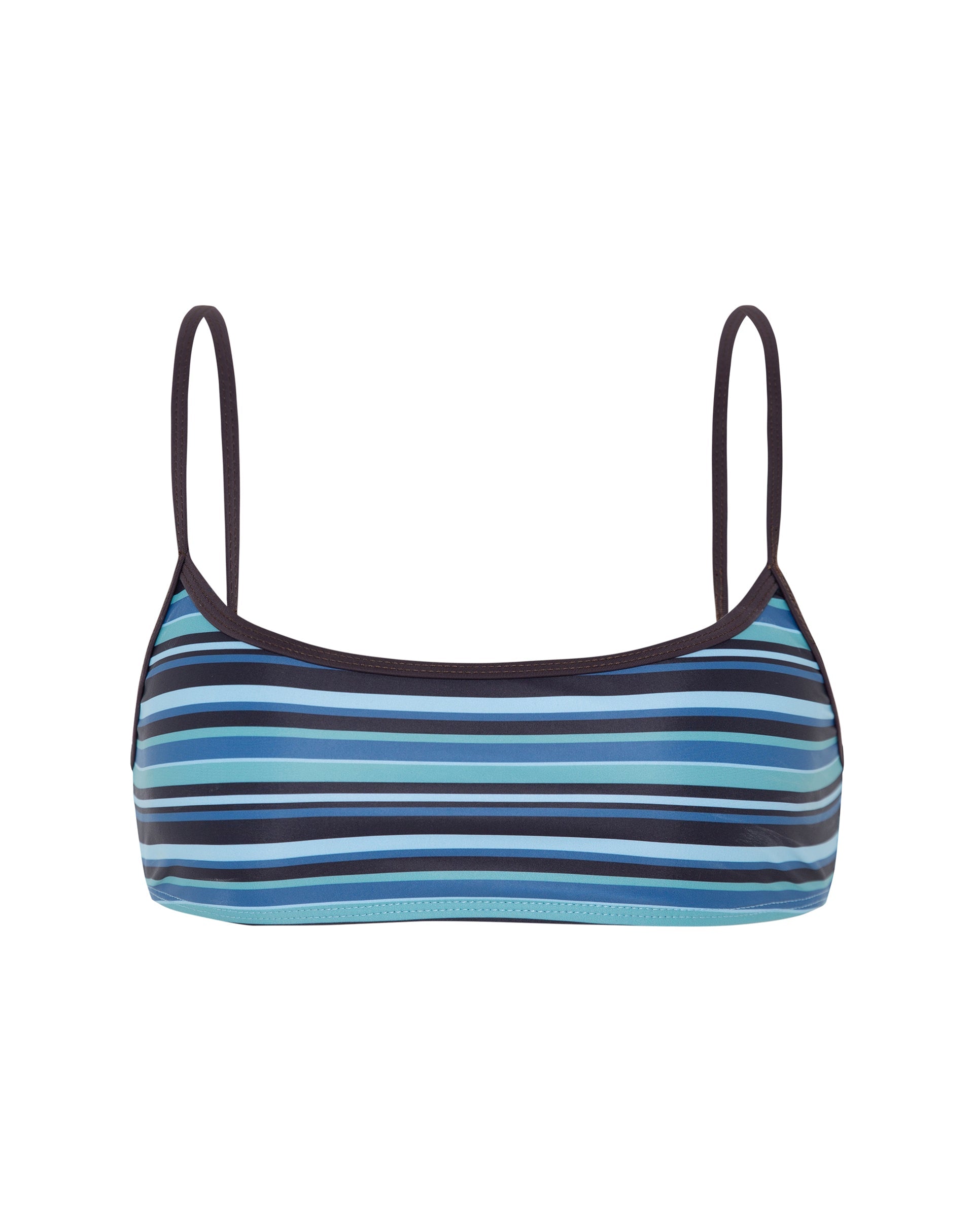 Elvina Bikini Top in Stripe Blue with Brown Binding