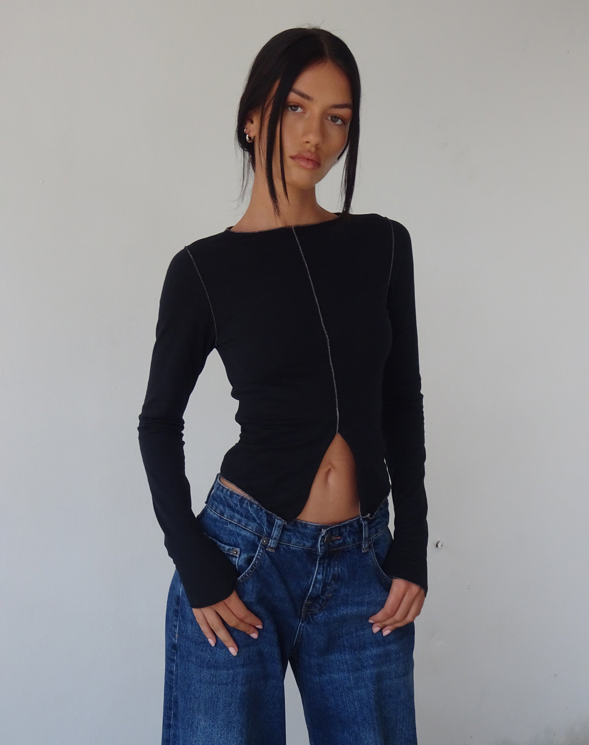 Fenrin Long Sleeve Butterfly Jersey Top in Black