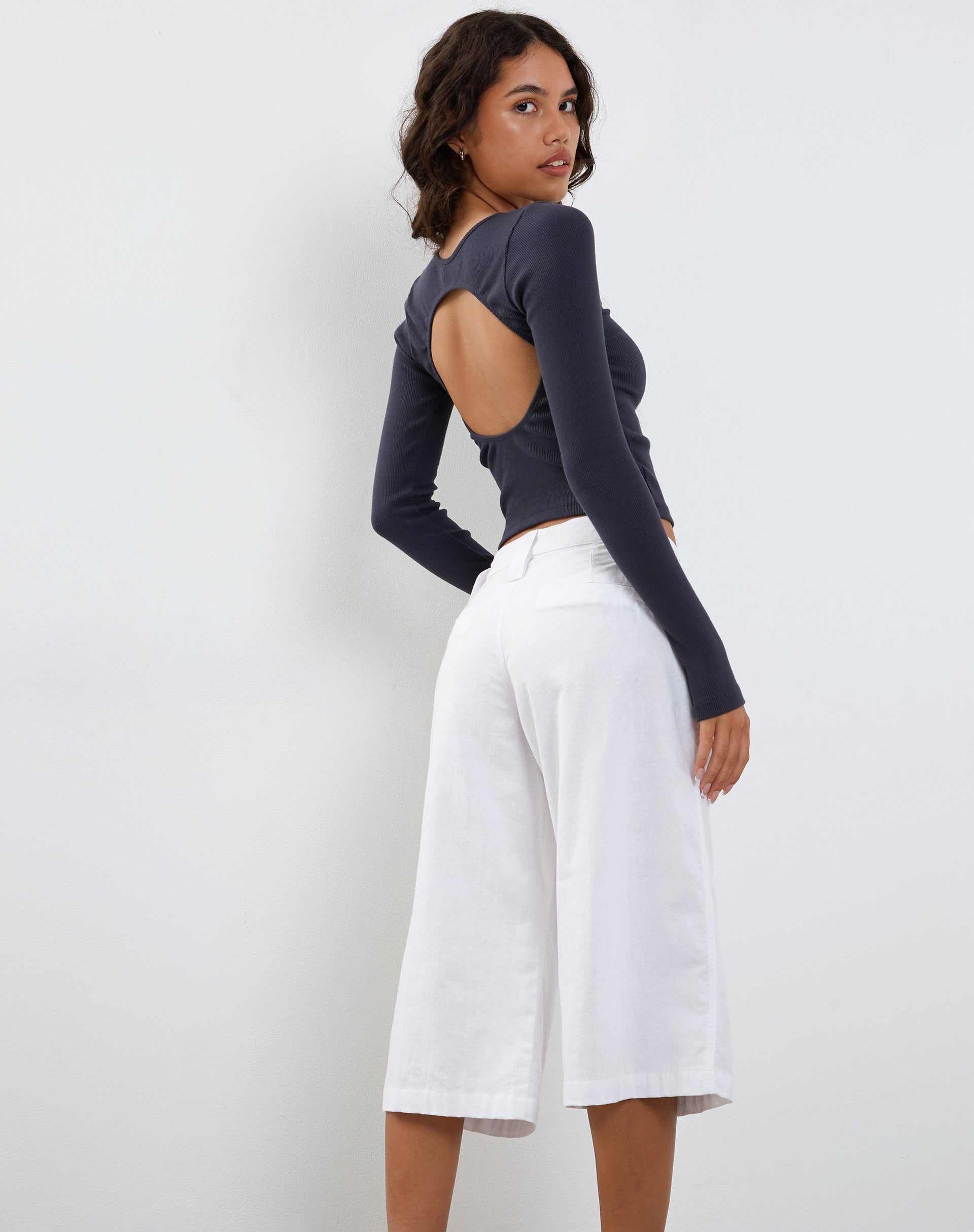 Gelbon Open Back Long Sleeve Top in Ribbed Ocean Storm