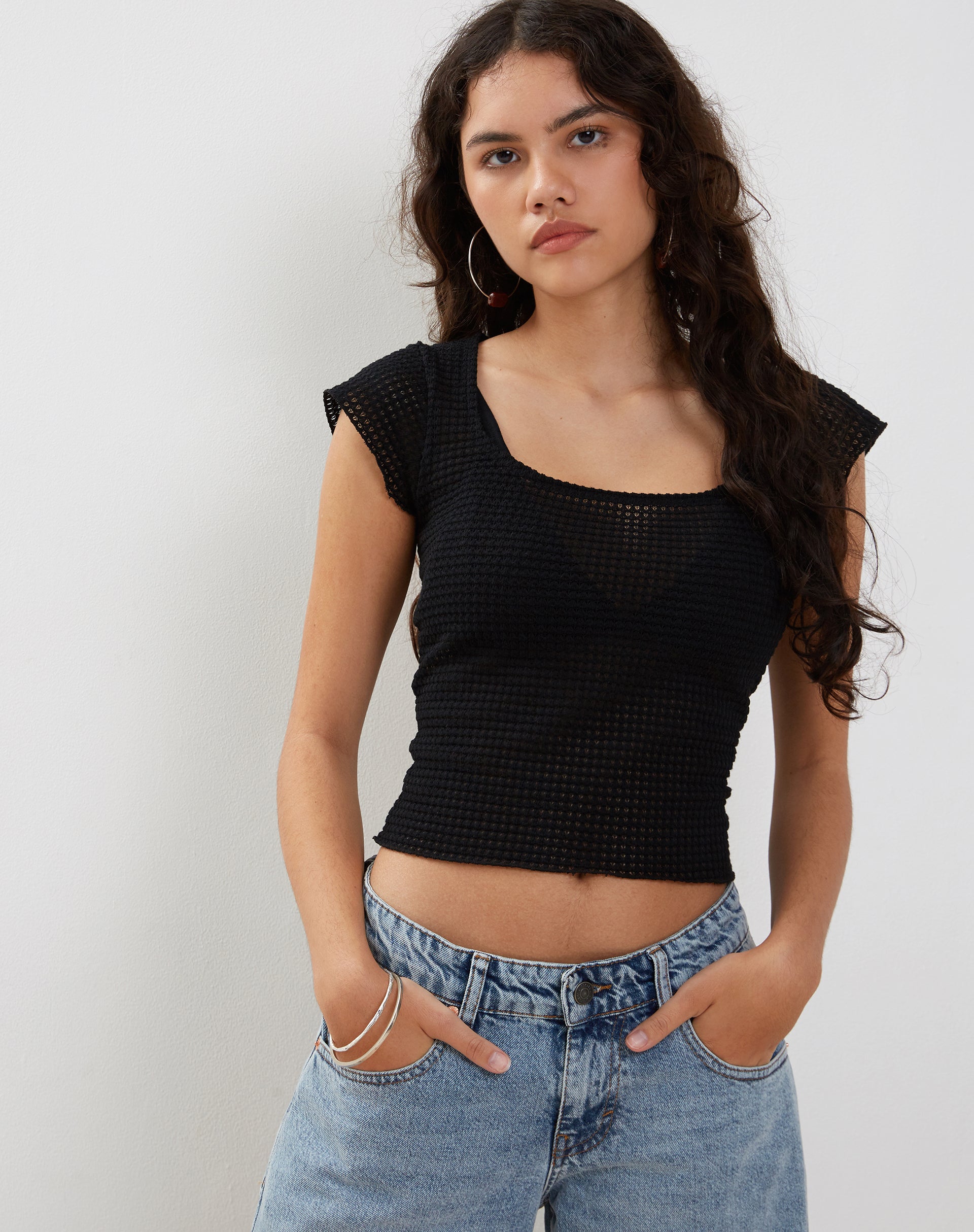 Gianina Crop Top in Black Textured Crochet
