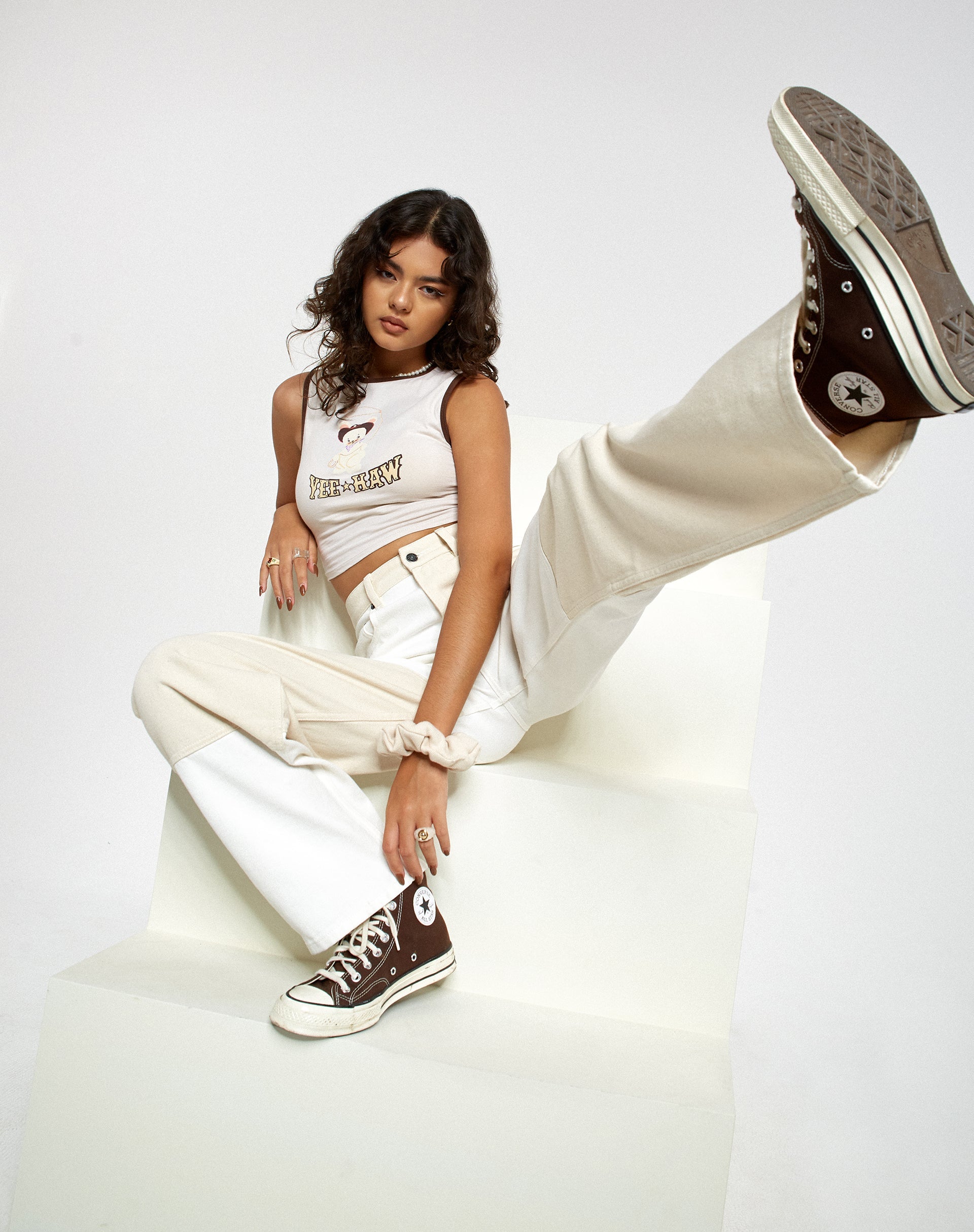 Tonal Panel Parallel Jeans in White and Ecru