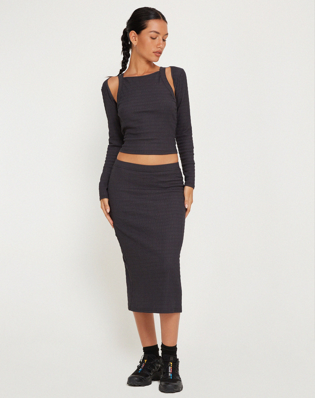 Hadley Midi Skirt in Crinkle Charcoal