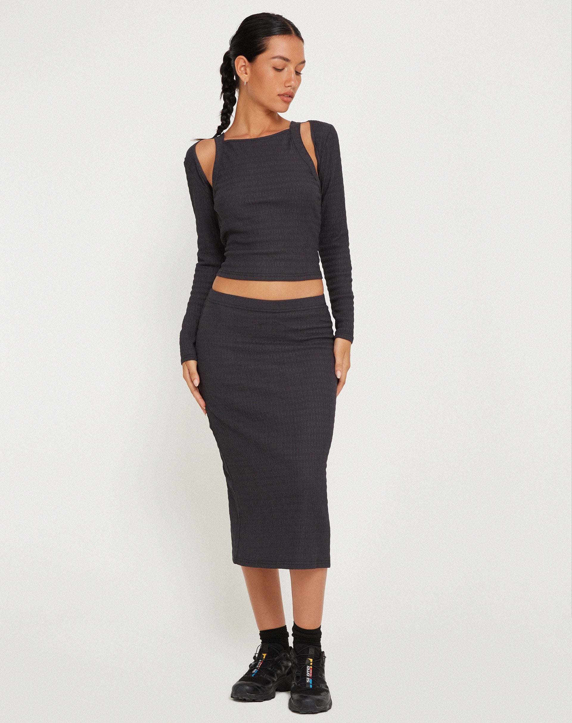 Hadley Midi Skirt in Crinkle Charcoal