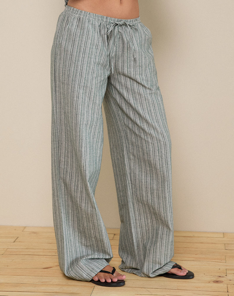 Wasic Wide Leg Linen Trouser in Green and White Stripe