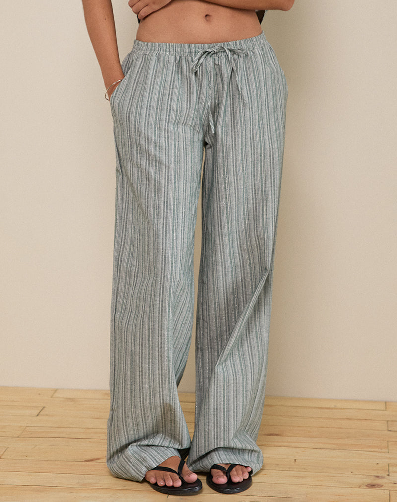 Wasic Wide Leg Linen Trouser in Green and White Stripe