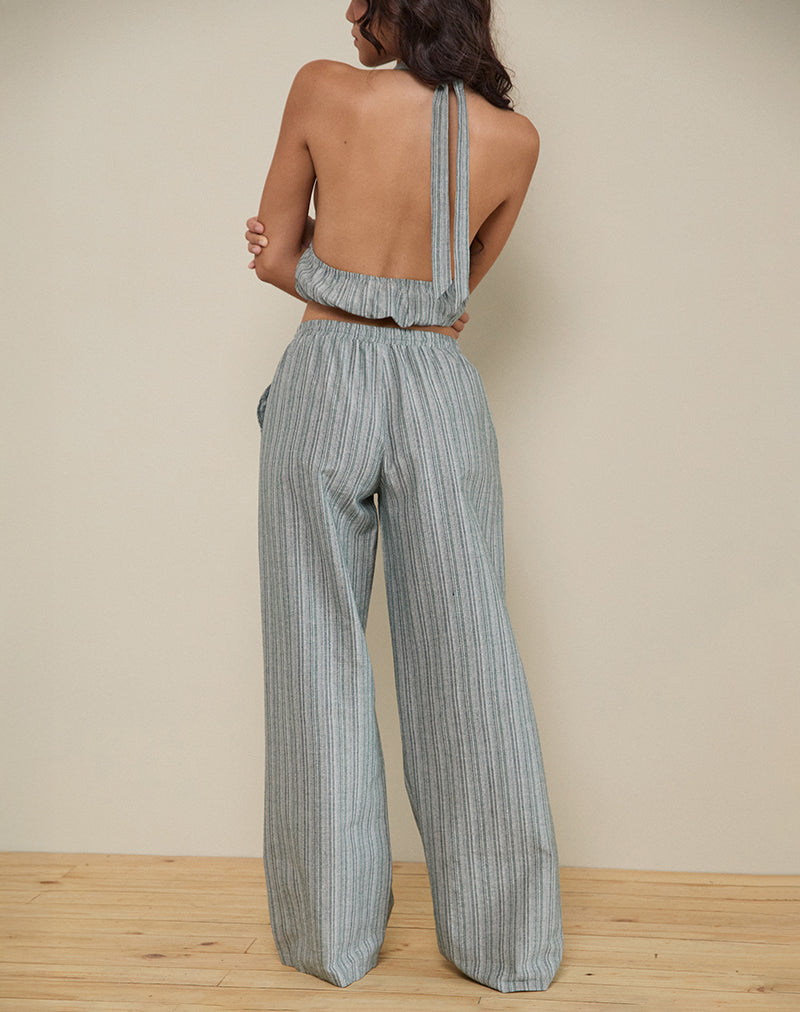 Wasic Wide Leg Linen Trouser in Green and White Stripe