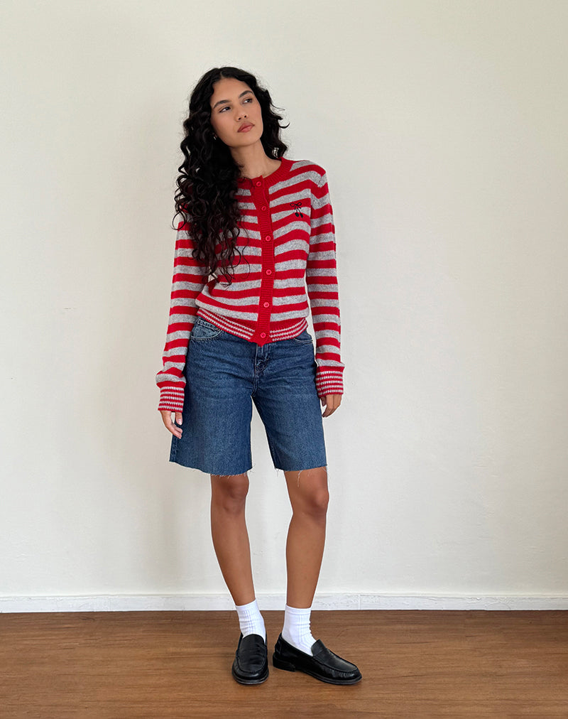 Henidar Cardigan in Red and Grey Stripe with Cherry Emb