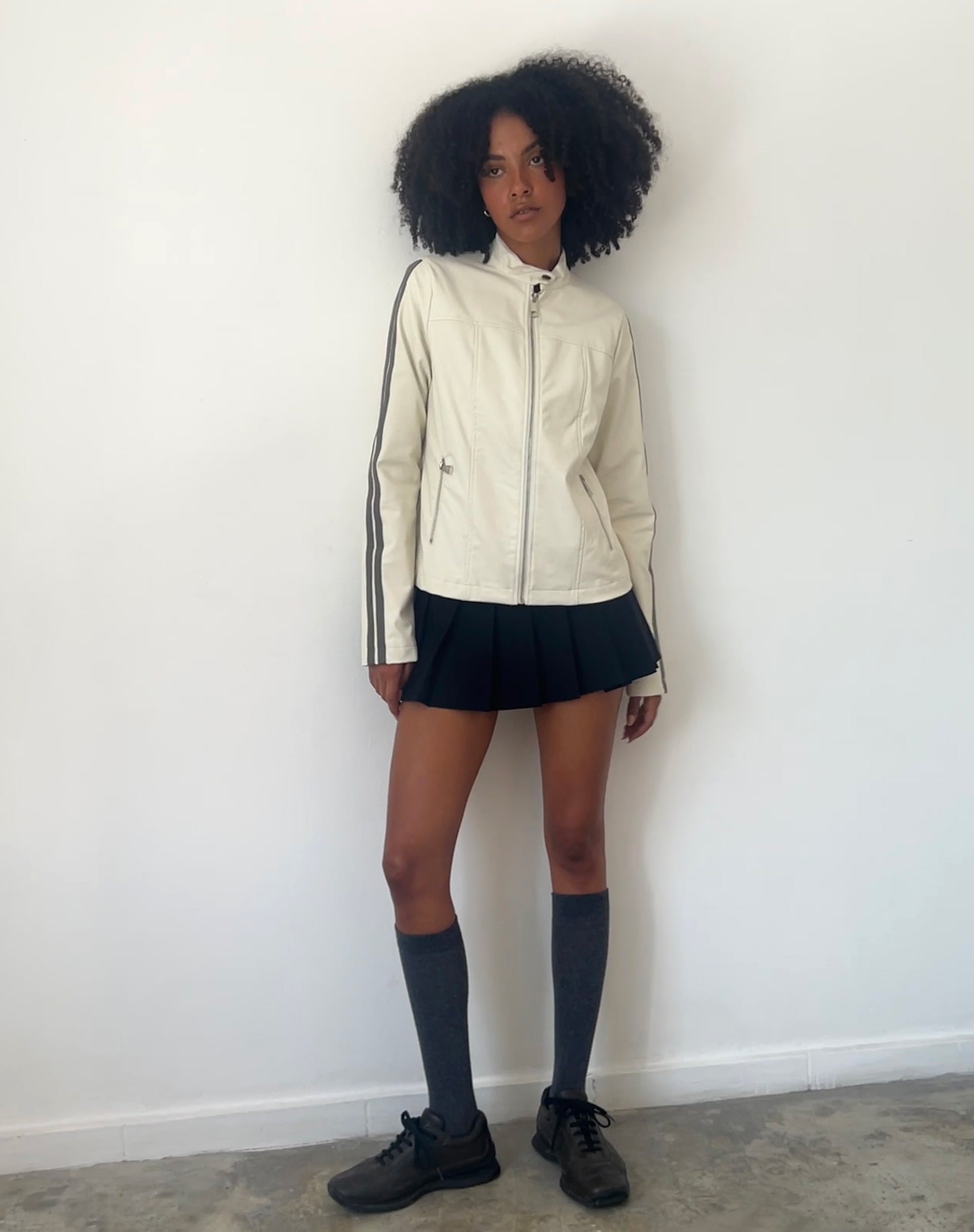 Jacquie Zip Up Jacket in PU Cream with Brown Stripe