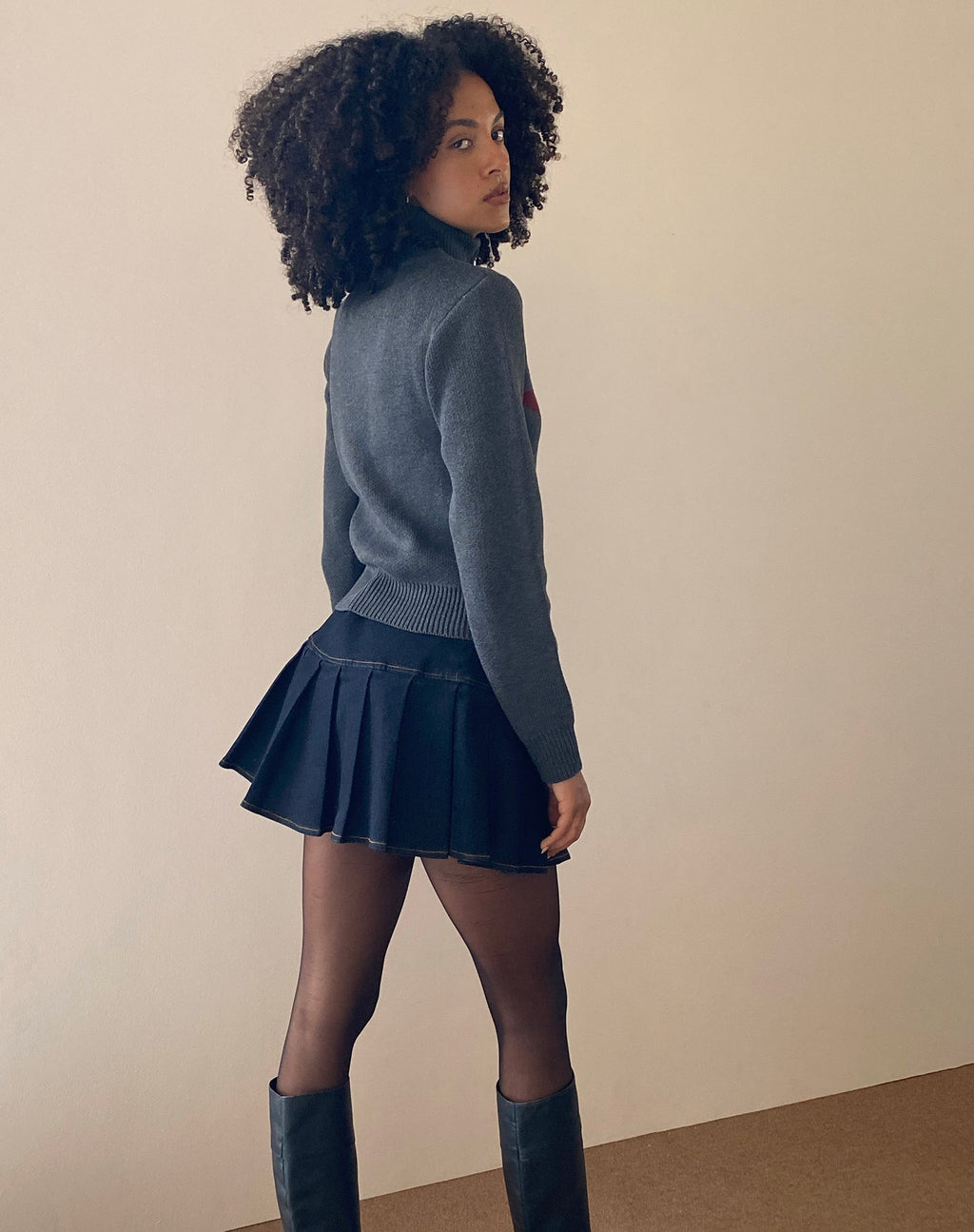 Jimena Zip Through Cardigan in Grey with Burgundy Star Motif