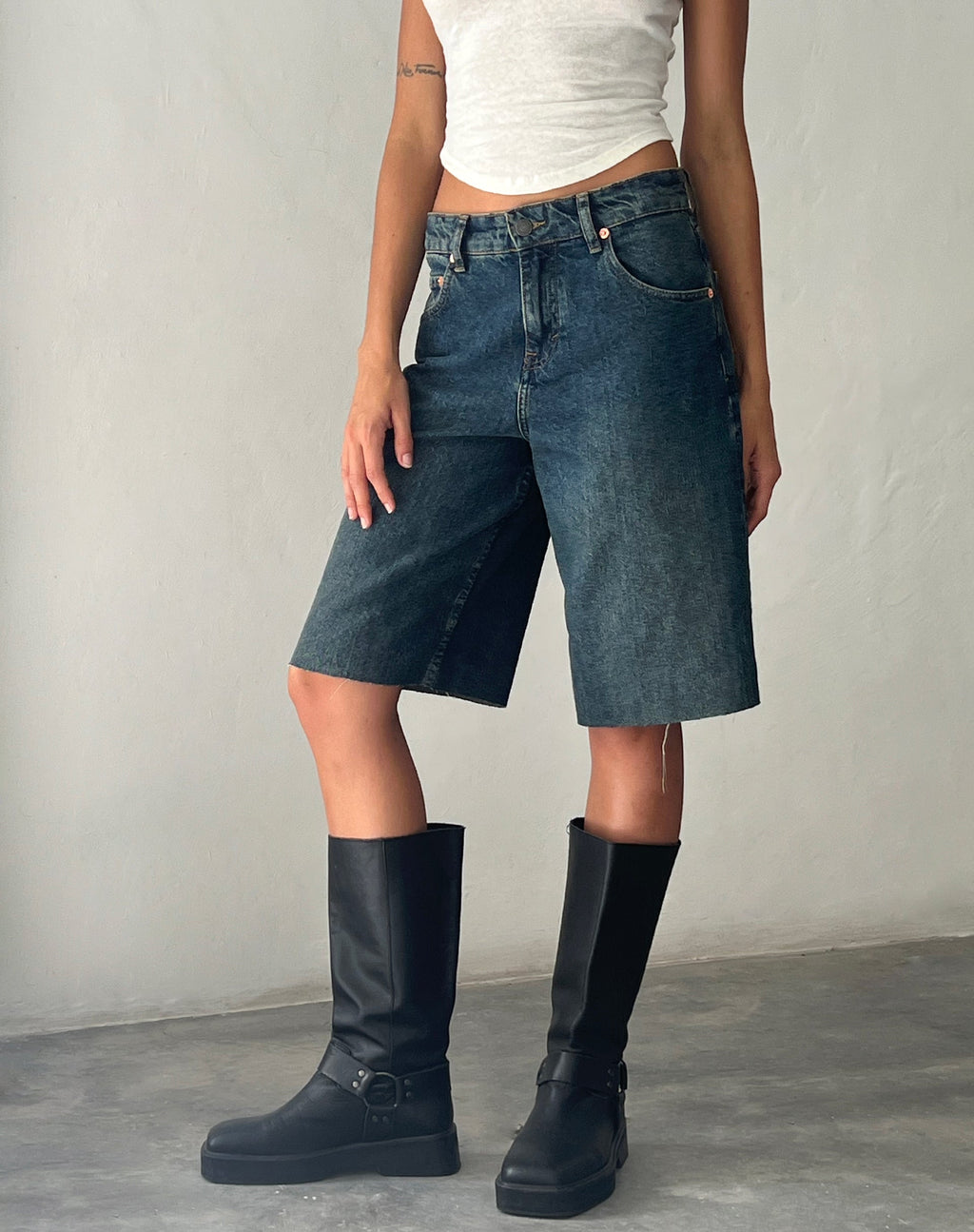 Roomy Mid Rise Long Jorts in Brown Blue Acid