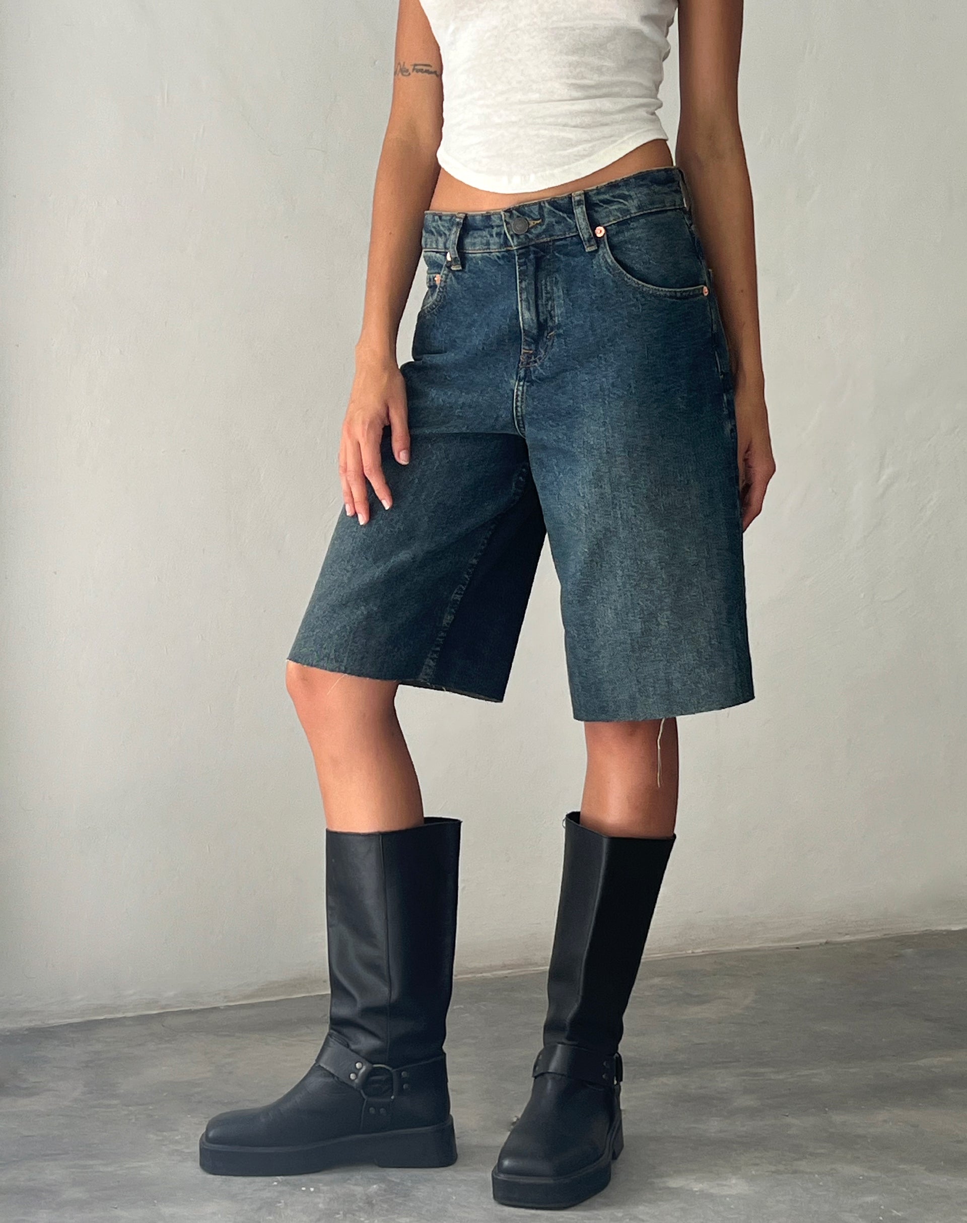Roomy Mid Rise Long Jorts in Brown Blue Acid