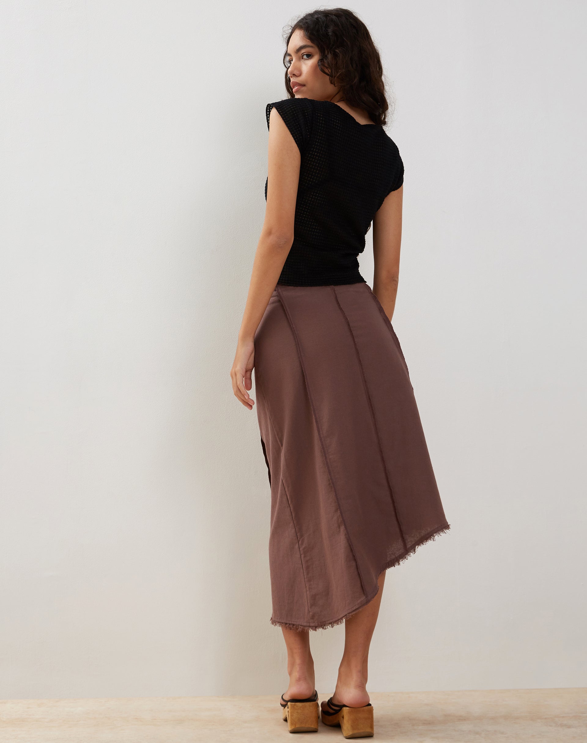 Karlesa Asymmetric Midi Skirt in Deep Taupe
