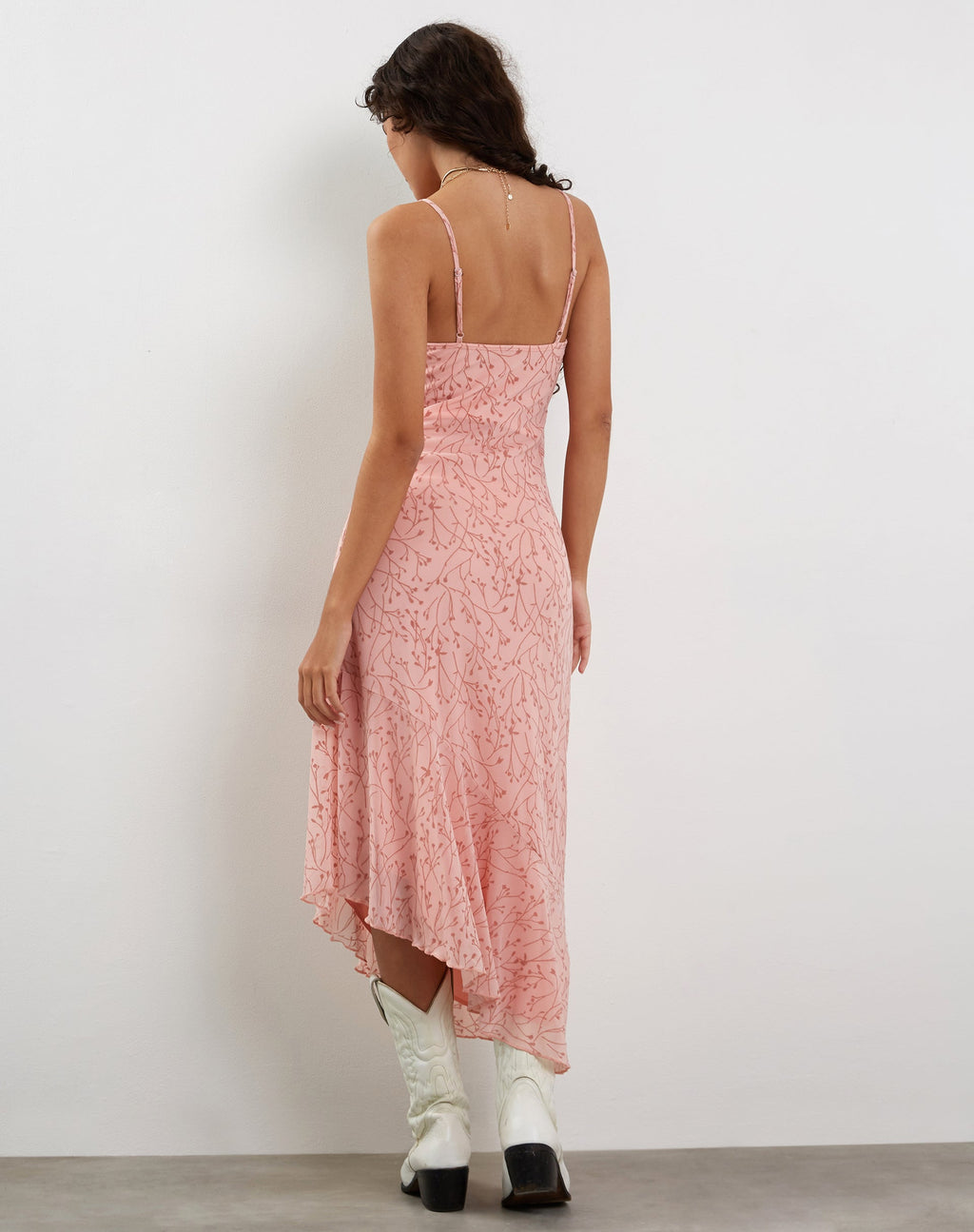 Kavala Asymmetric Midi Dress in Shadow Floral Pink