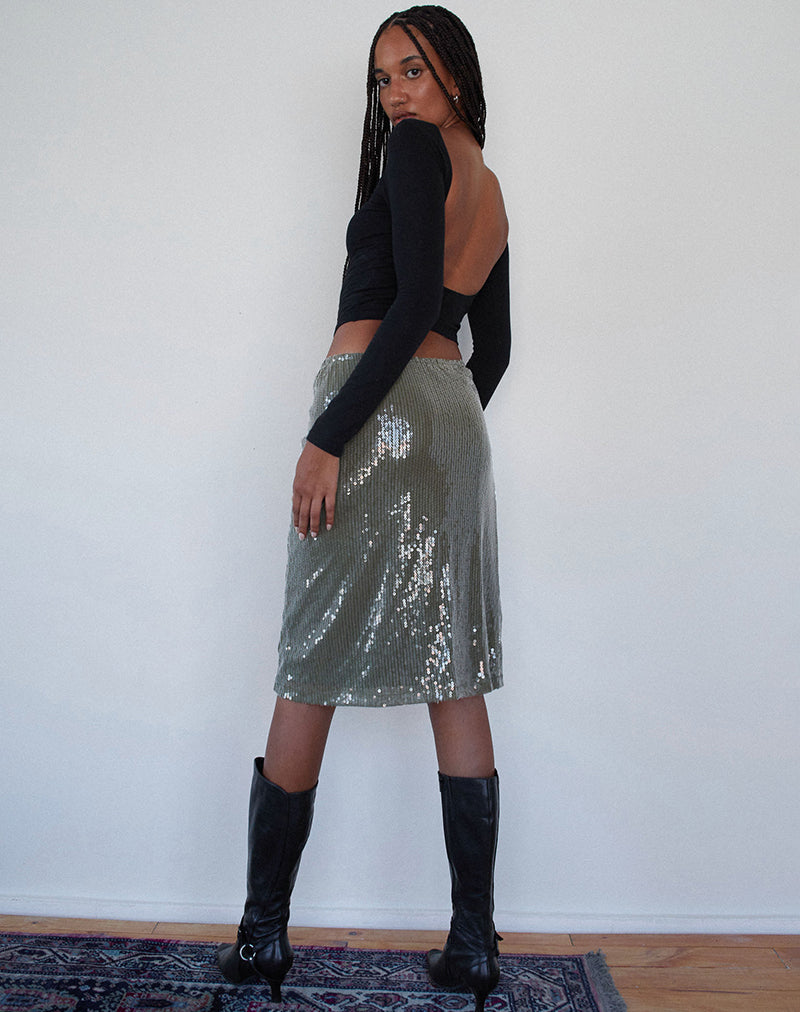Kavi Midi Skirt in Khaki Green Clear Sequin
