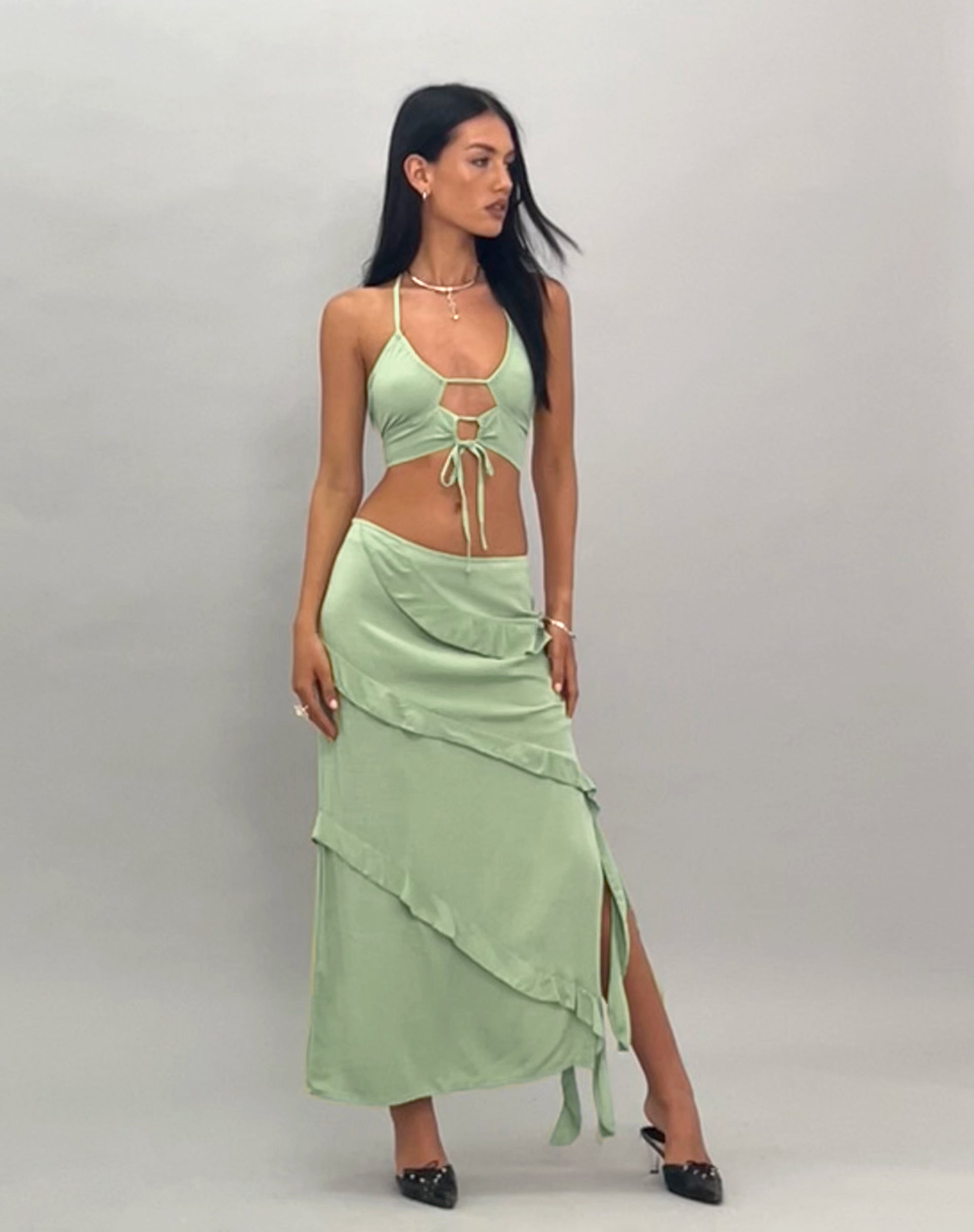 Varena Low Rise Ruffle Maxi Skirt in Mint Sage