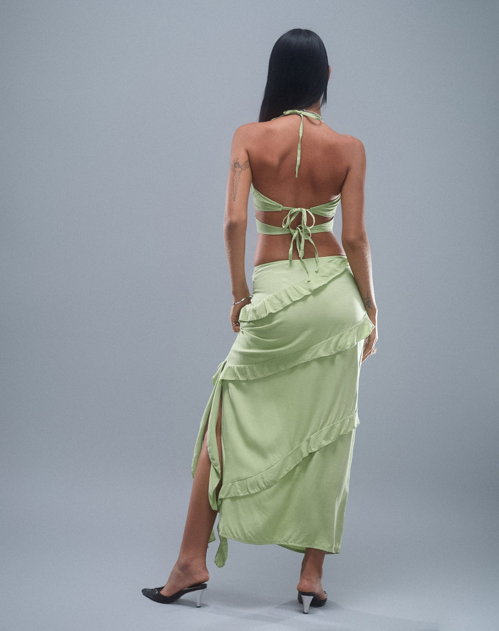 Varena Low Rise Ruffle Maxi Skirt in Mint Sage