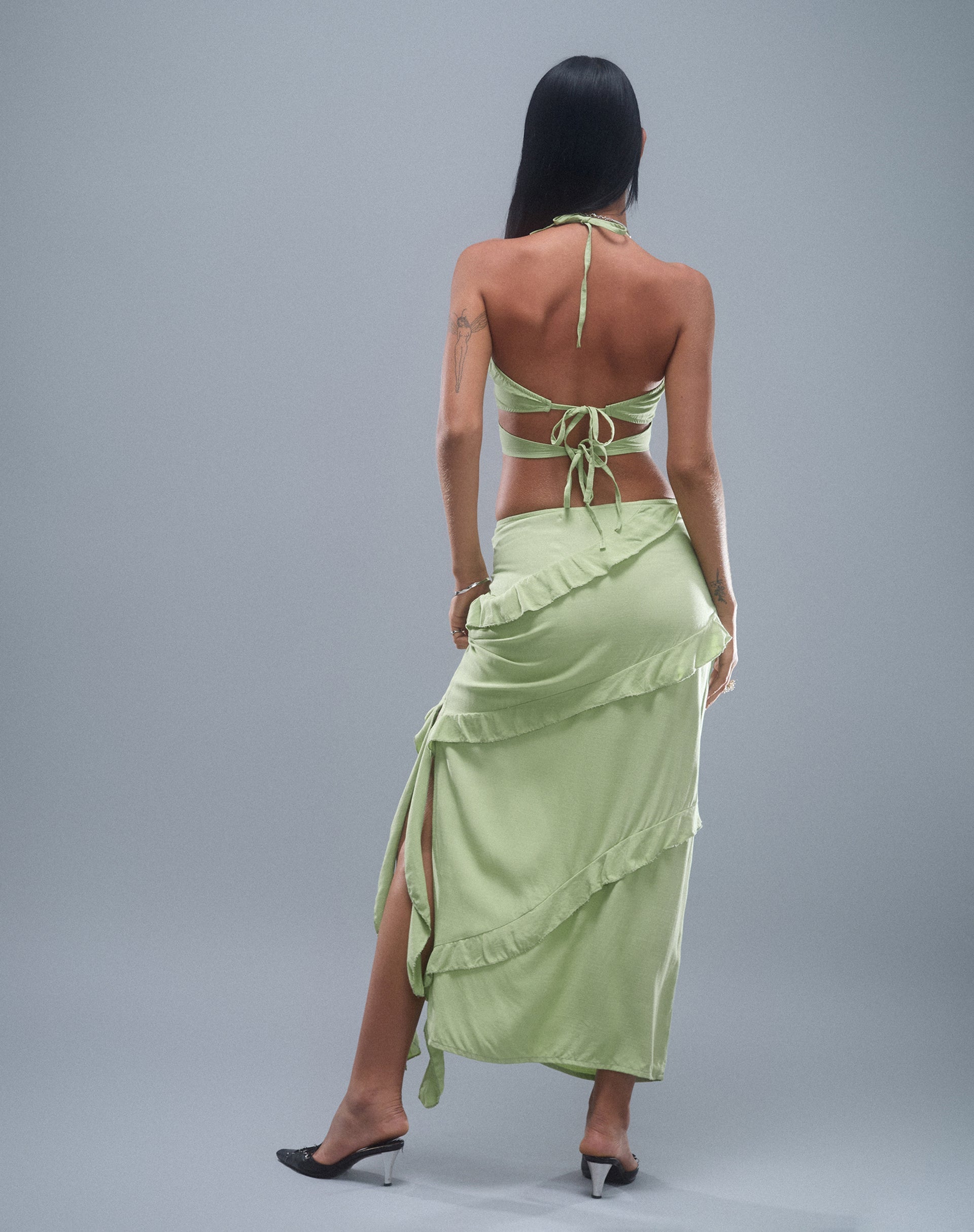Varena Low Rise Ruffle Maxi Skirt in Mint Sage