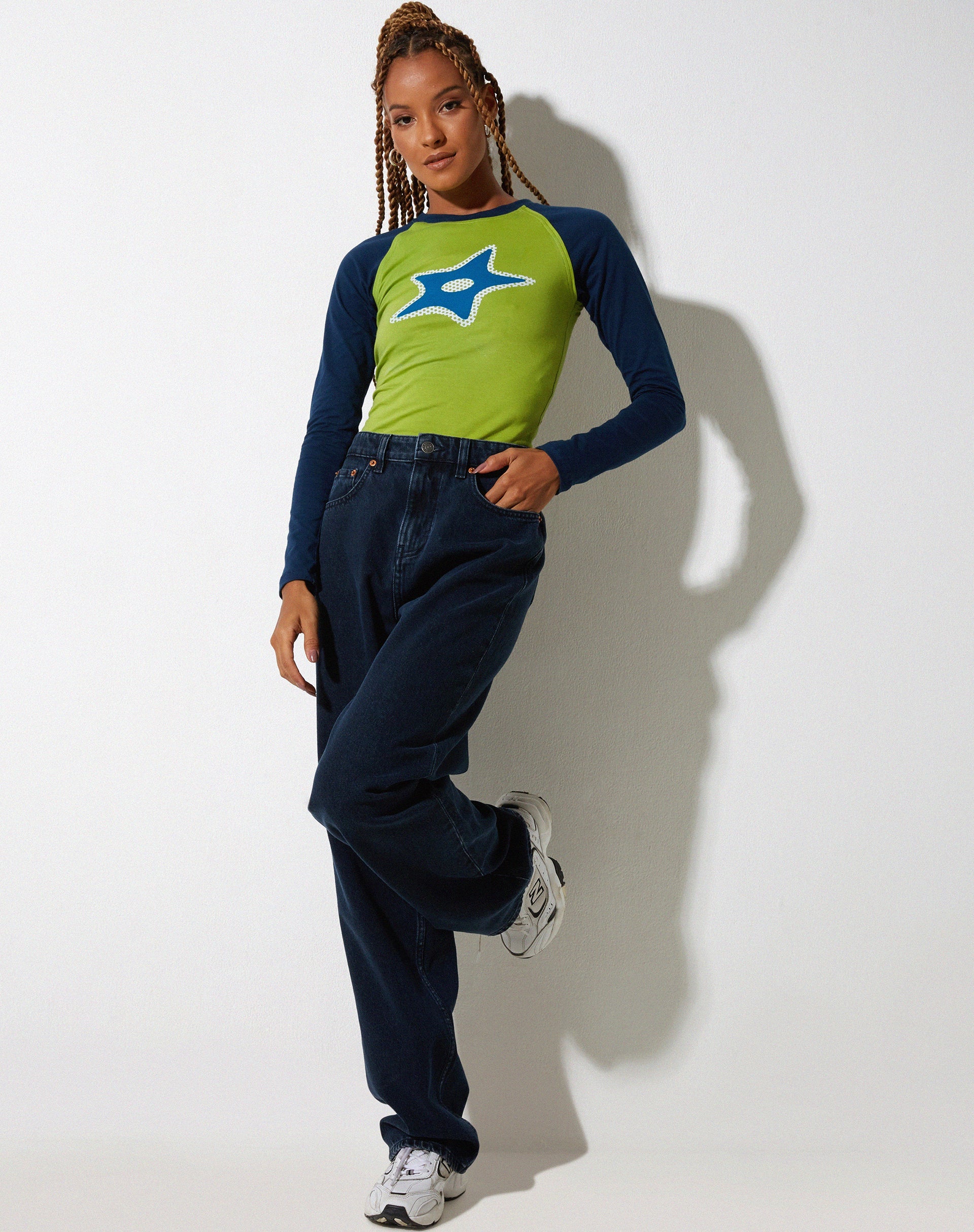 Kyati Long Sleeve Crop Top in Wasabi Navy and Green