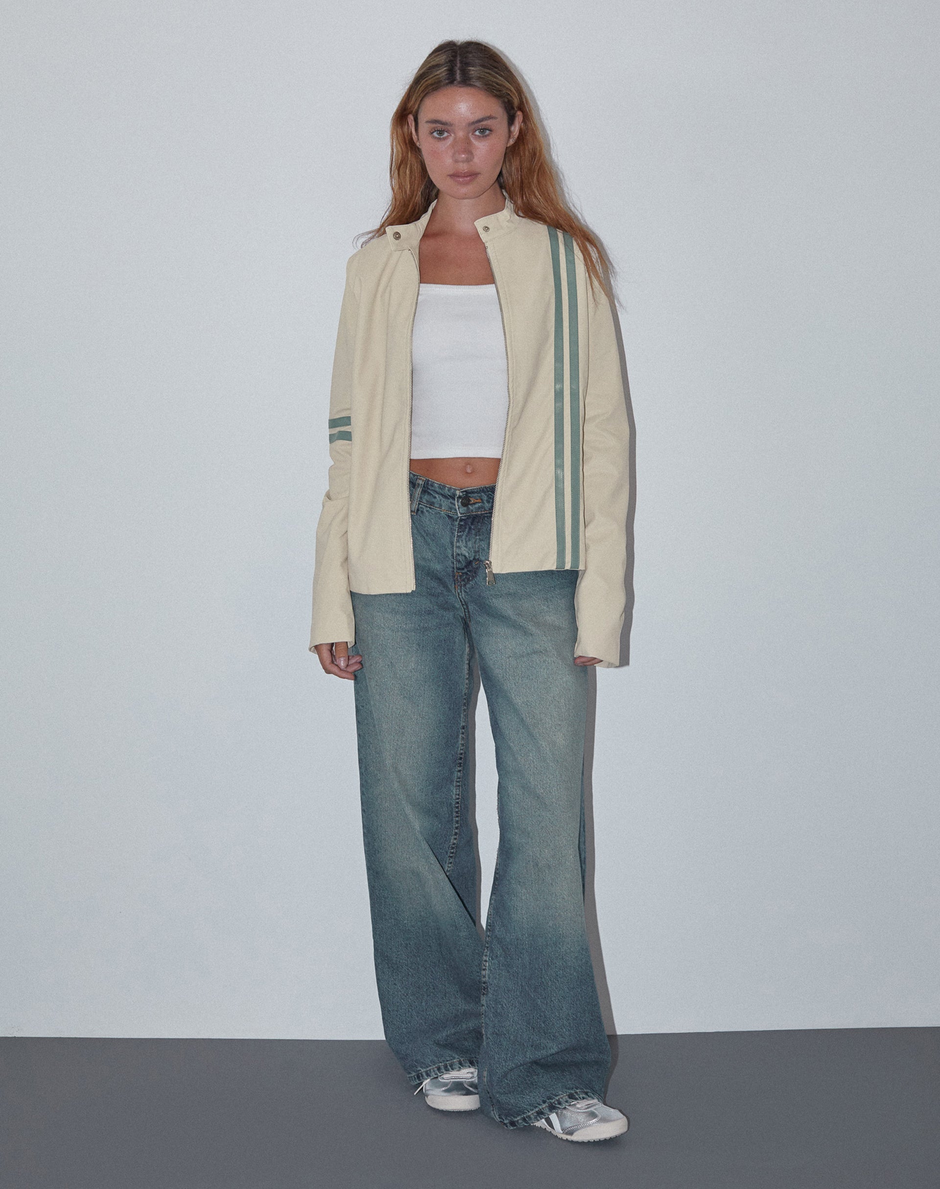 Lewis Jacket in Cream PU with Blue Stripe