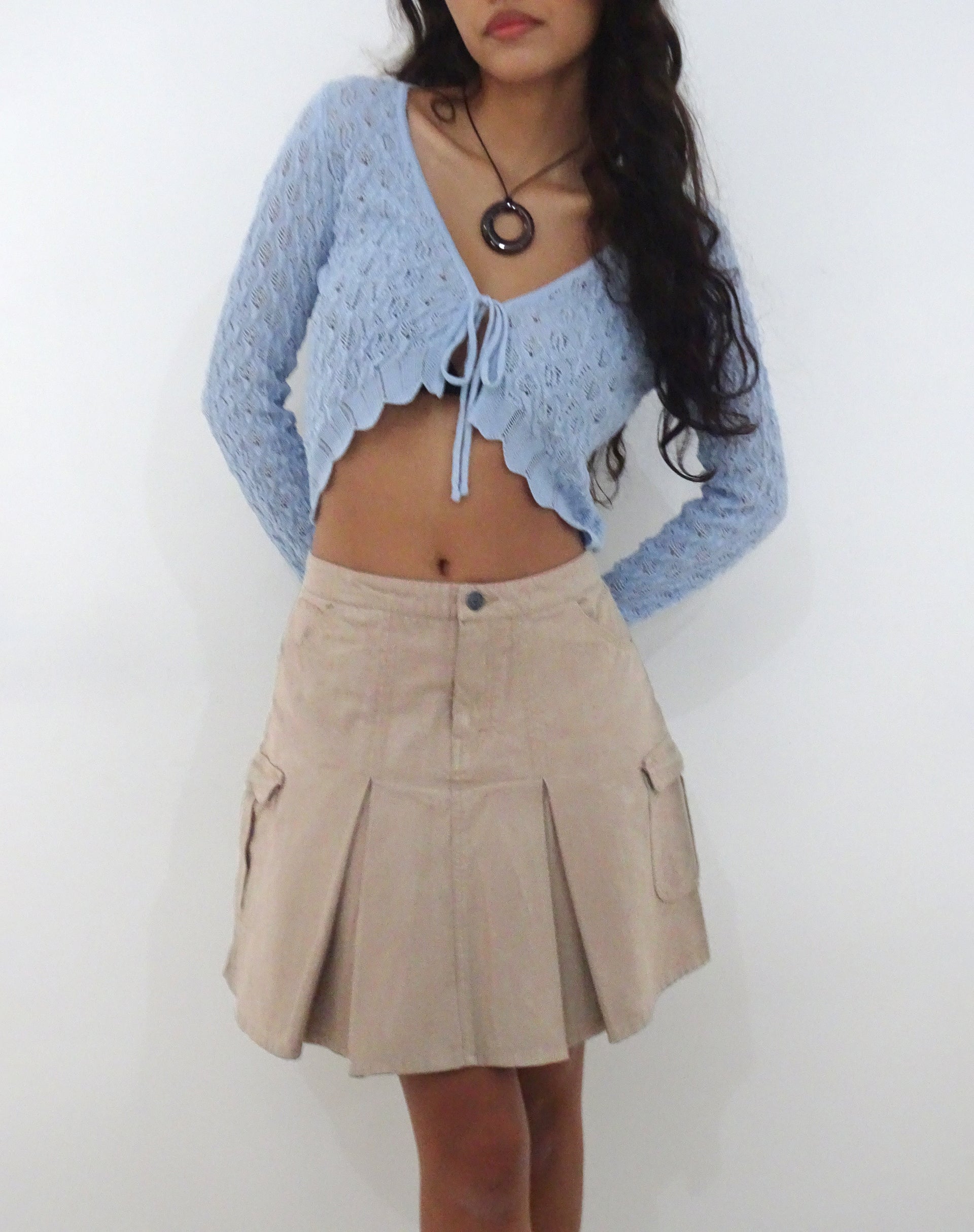 Moirai Low Waist Pleated Cargo Mini Skirt in Stone