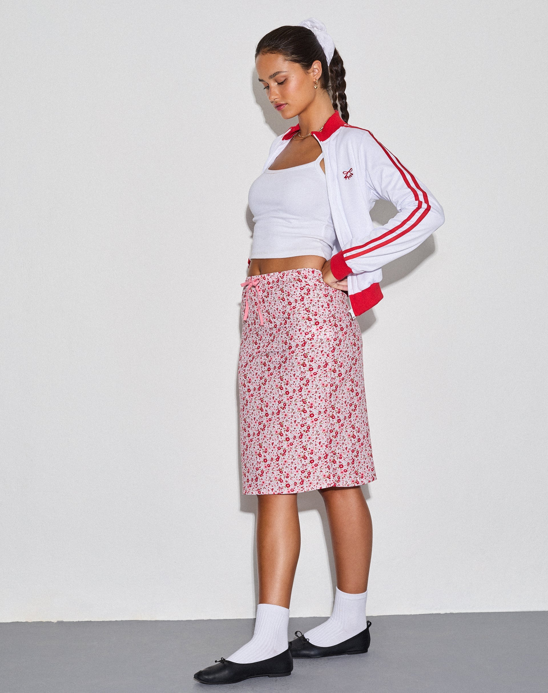 Rujina Midi Skirt in Ditsy Floral Blush Red